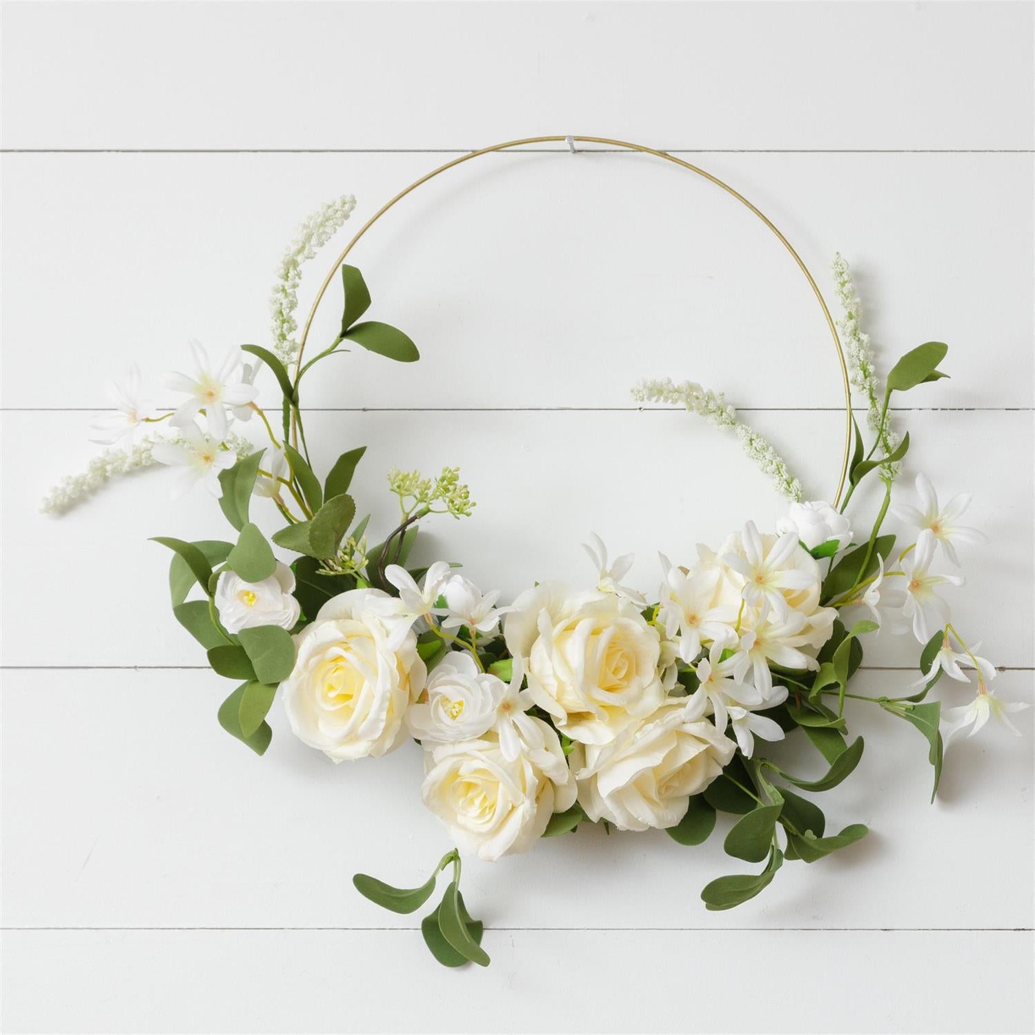 Wreath - Gold Hoop, Cream Rose, White Asstd Flowers, Foliage