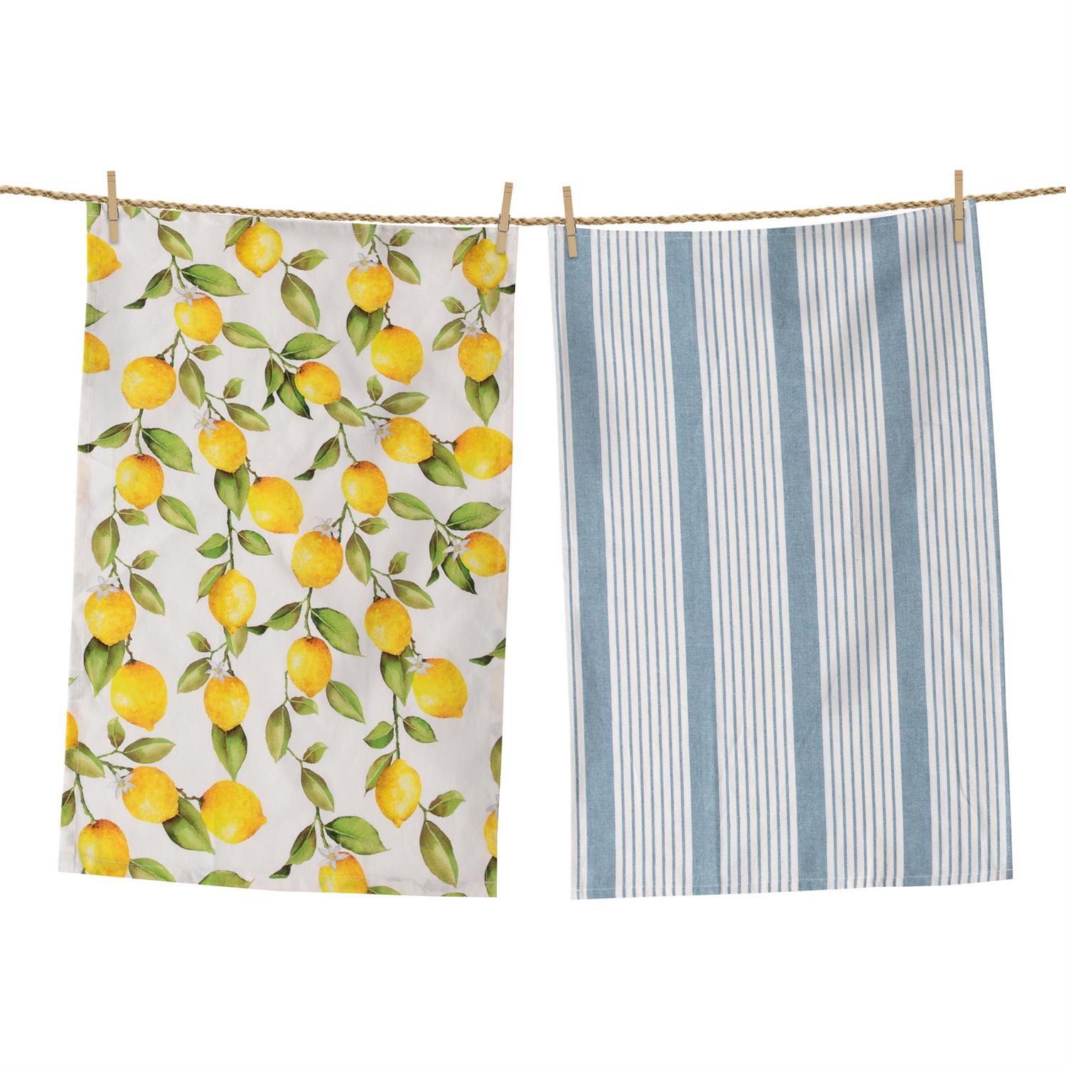 Tea Towels - Lemons And Blue Grain Sack Stripe