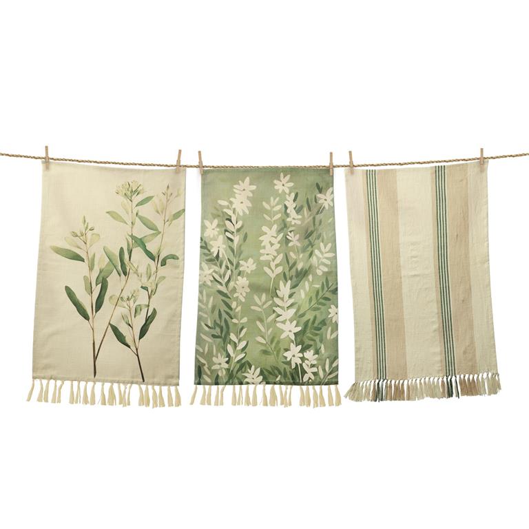 Neutral Green Leaves Towels (S/3)