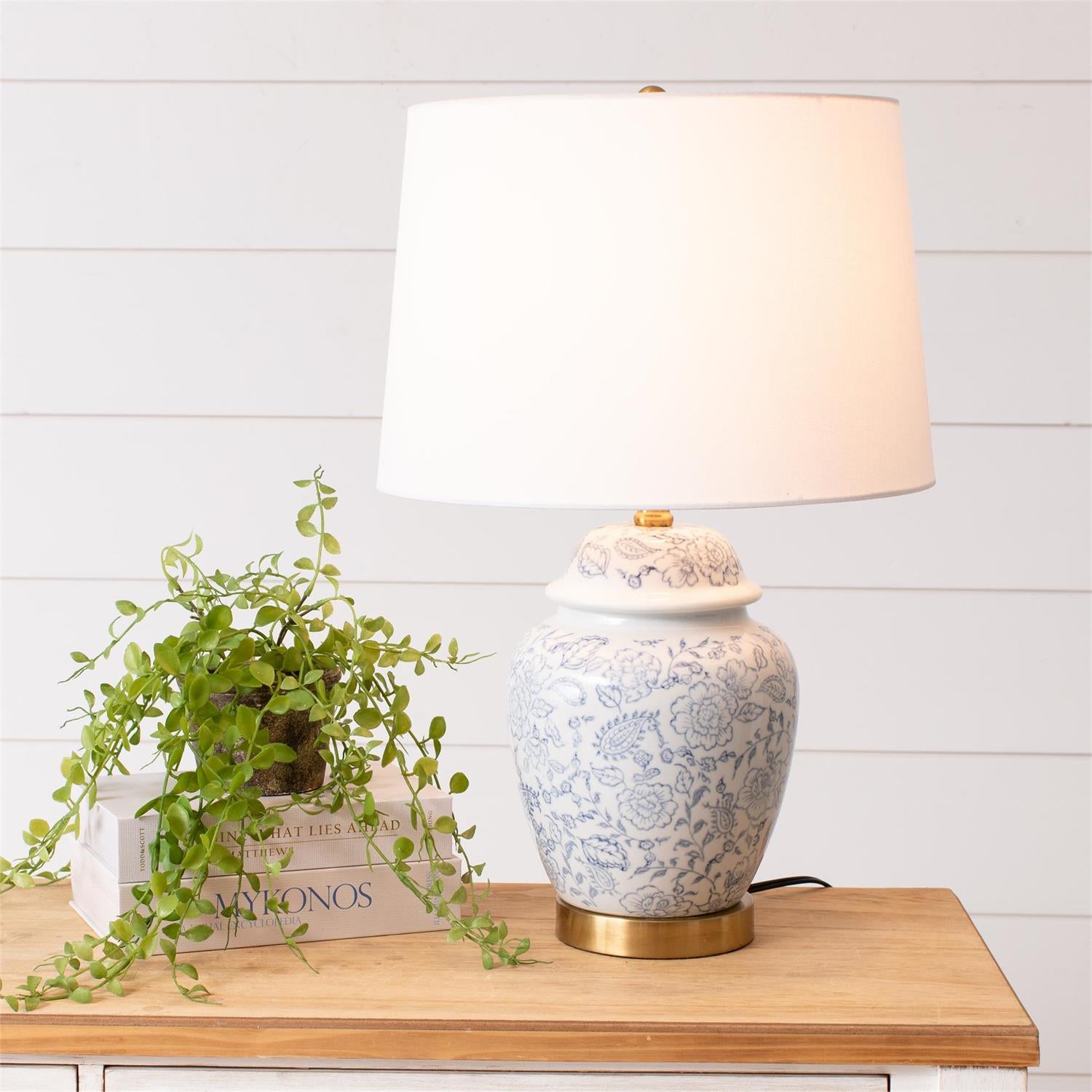 Blue Floral Ginger Jar, With Shade Lamp
