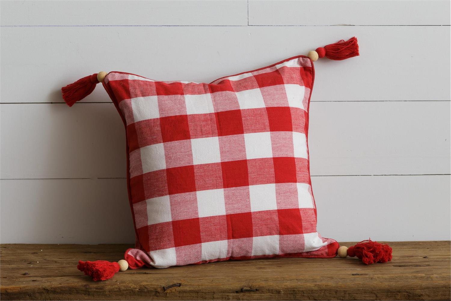 Pillow - Red and White Plaid with Tassels