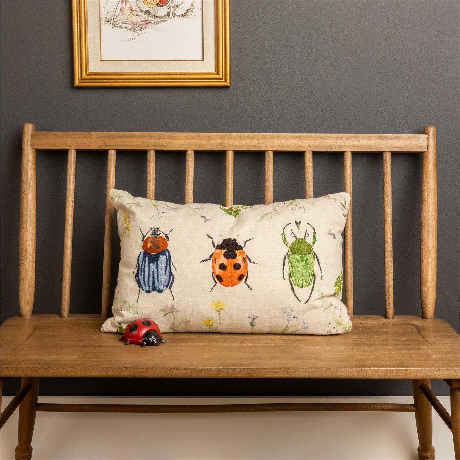 Embroidered Beetles Lumbar Pillow