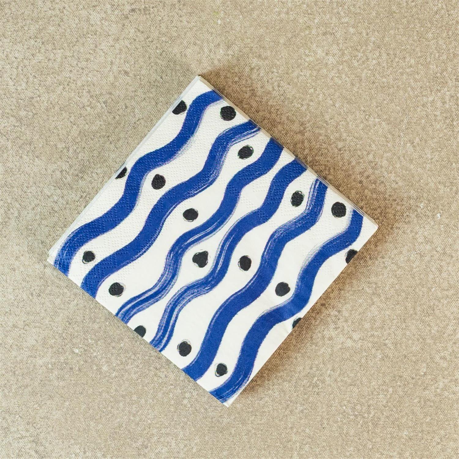 Paper Beverage Napkins - Wavy Blue Stripe Dot - 20 Ct