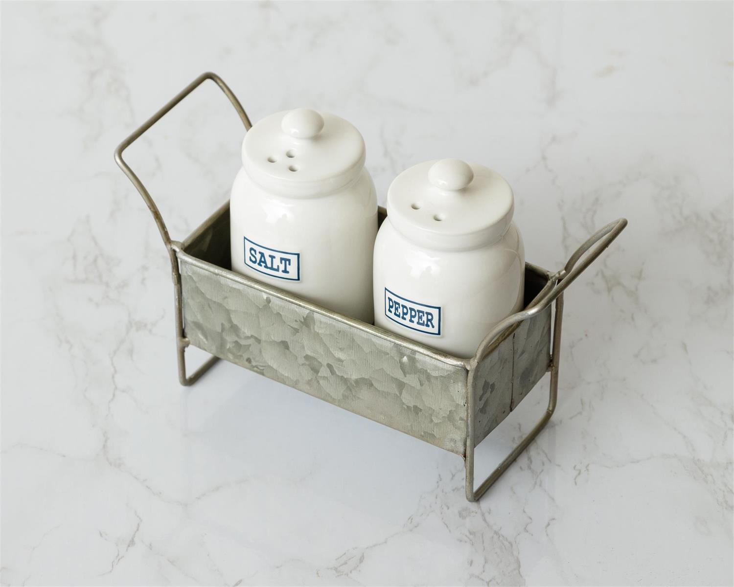 Salt And Pepper Shaker With Galvanized Caddy