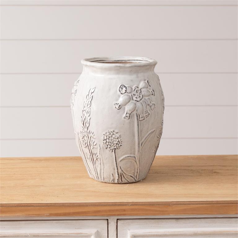 Gray Debossed Botanical Vase