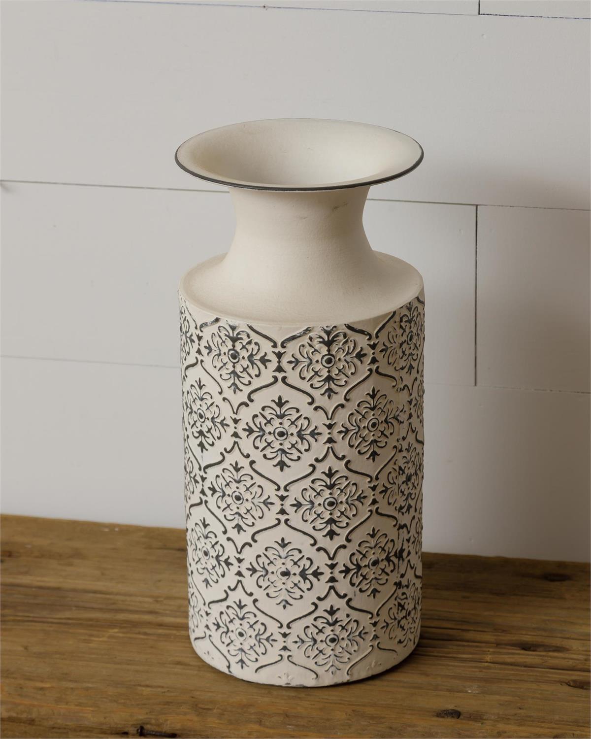 White Embossed Vase, Metal