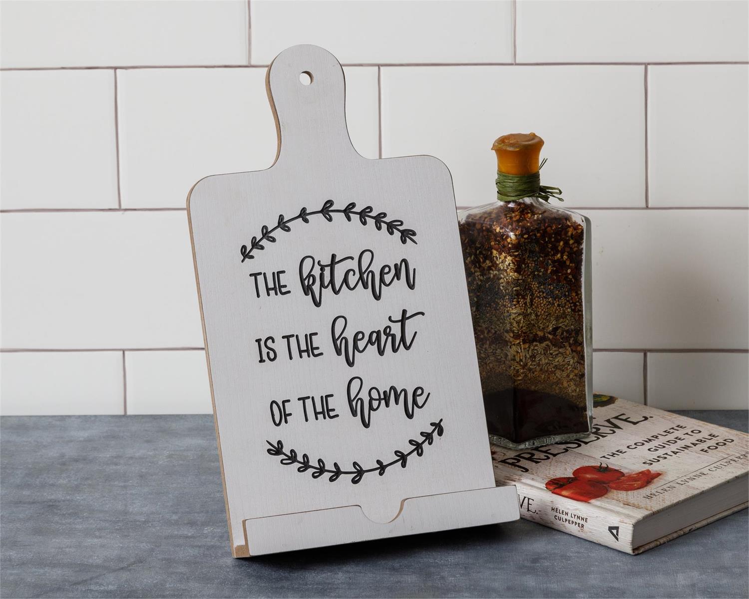 Cookbook Stand - Kitchen, Heart, Home Carved
