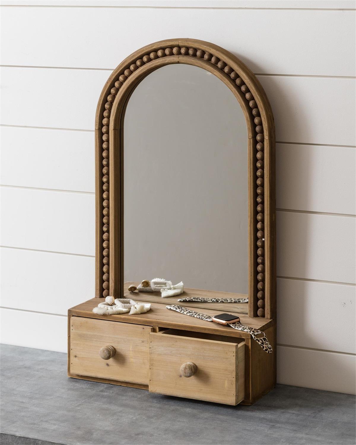 Beaded Wood Mirror With Drawers