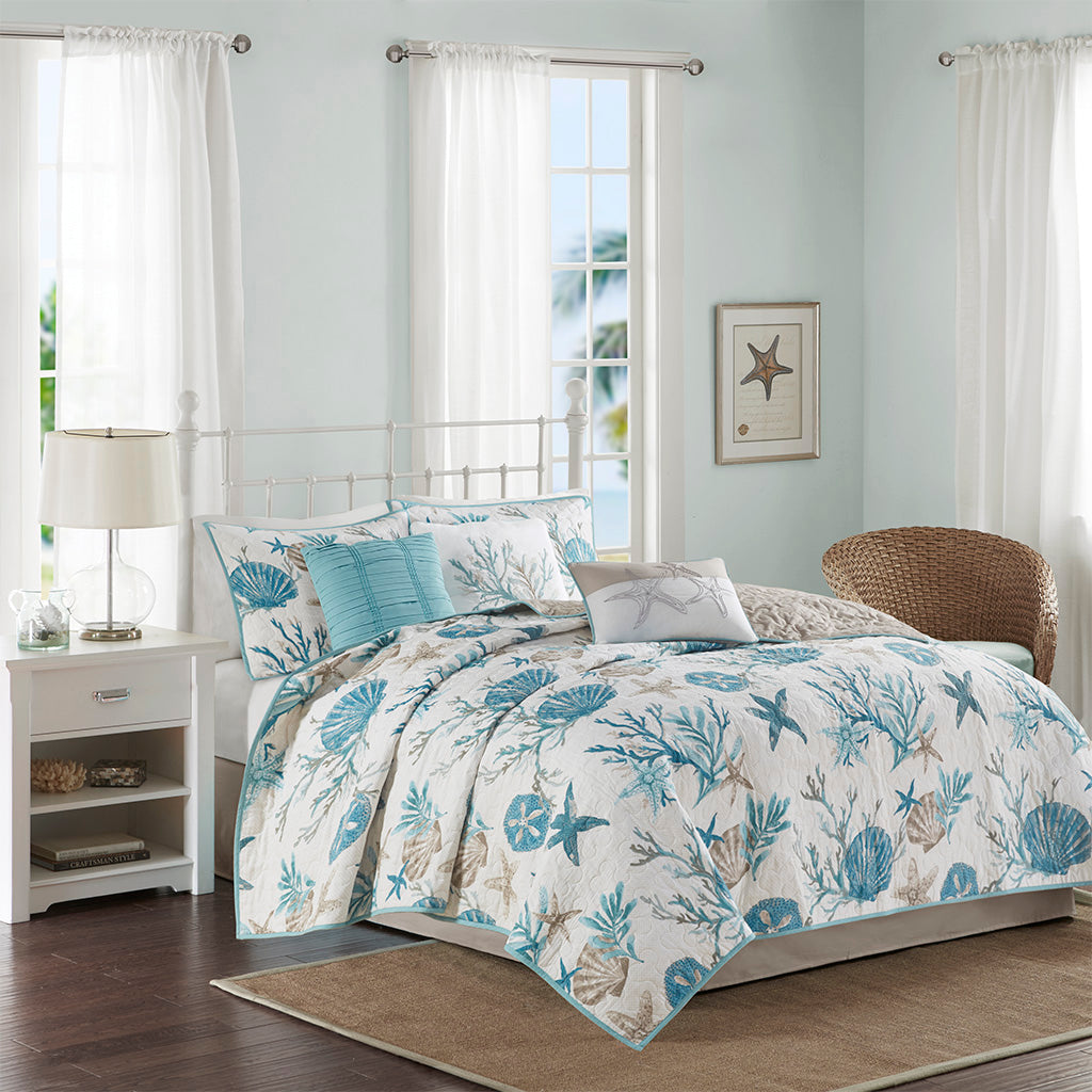 Pebble Beach 6 Piece Cotton Sateen Quilt Set with Throw Pillows