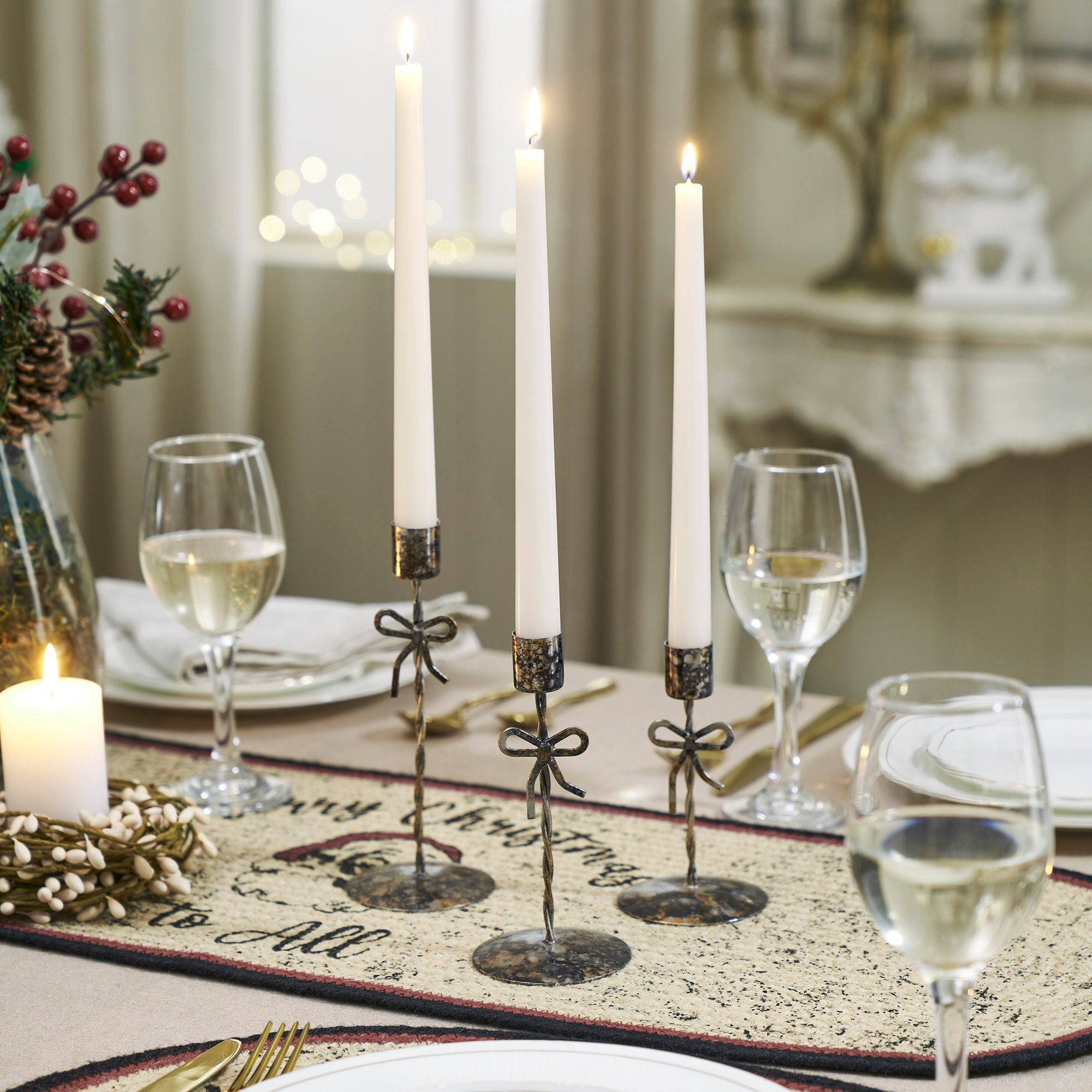 Bow Candlestick Holders Burnished Metal Set of 3- 5.25/6.25/