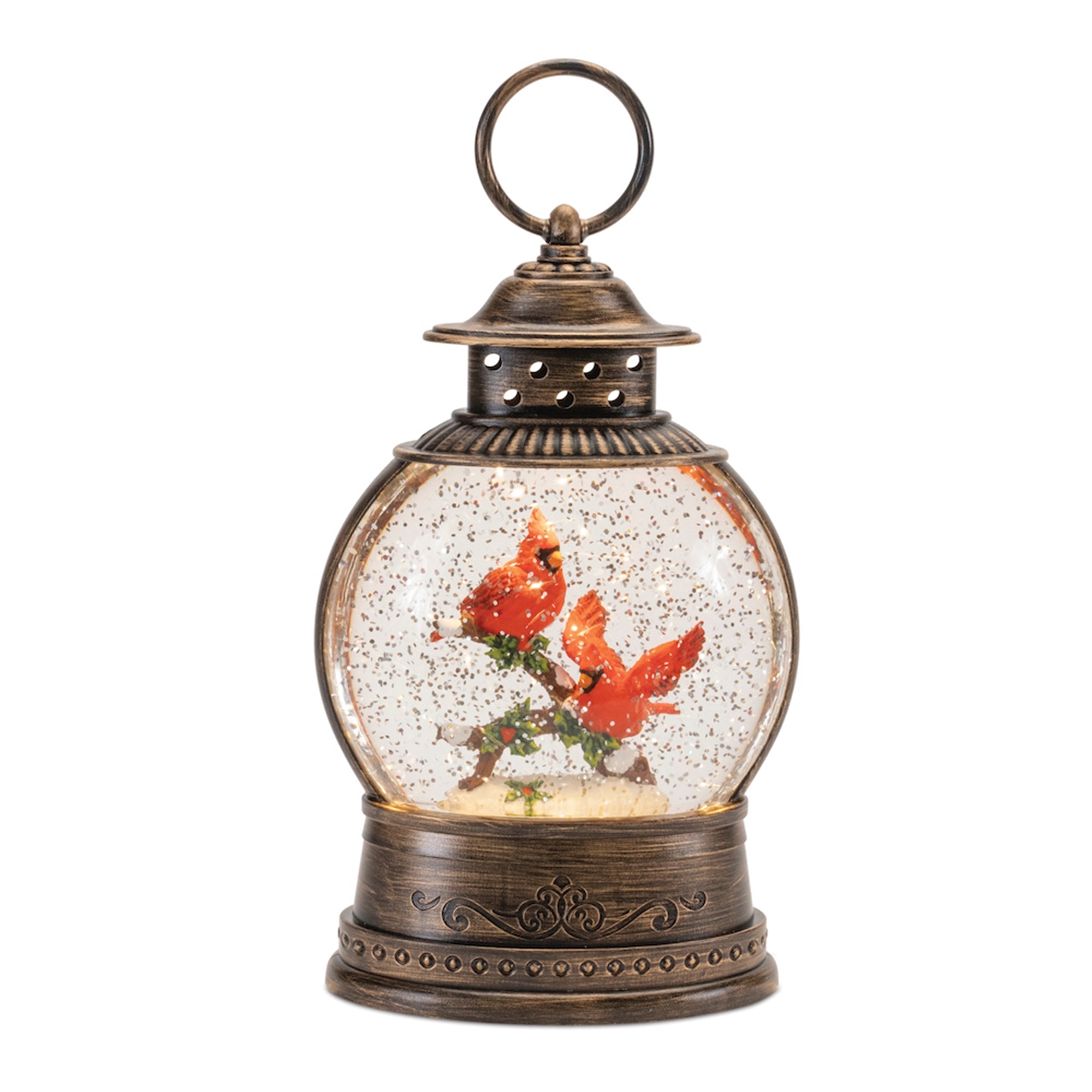 LED Snow Globe w/Cardinals 8”H  6 Hr Timer 3 AAA Batteries, Not Included or USB Cord Included