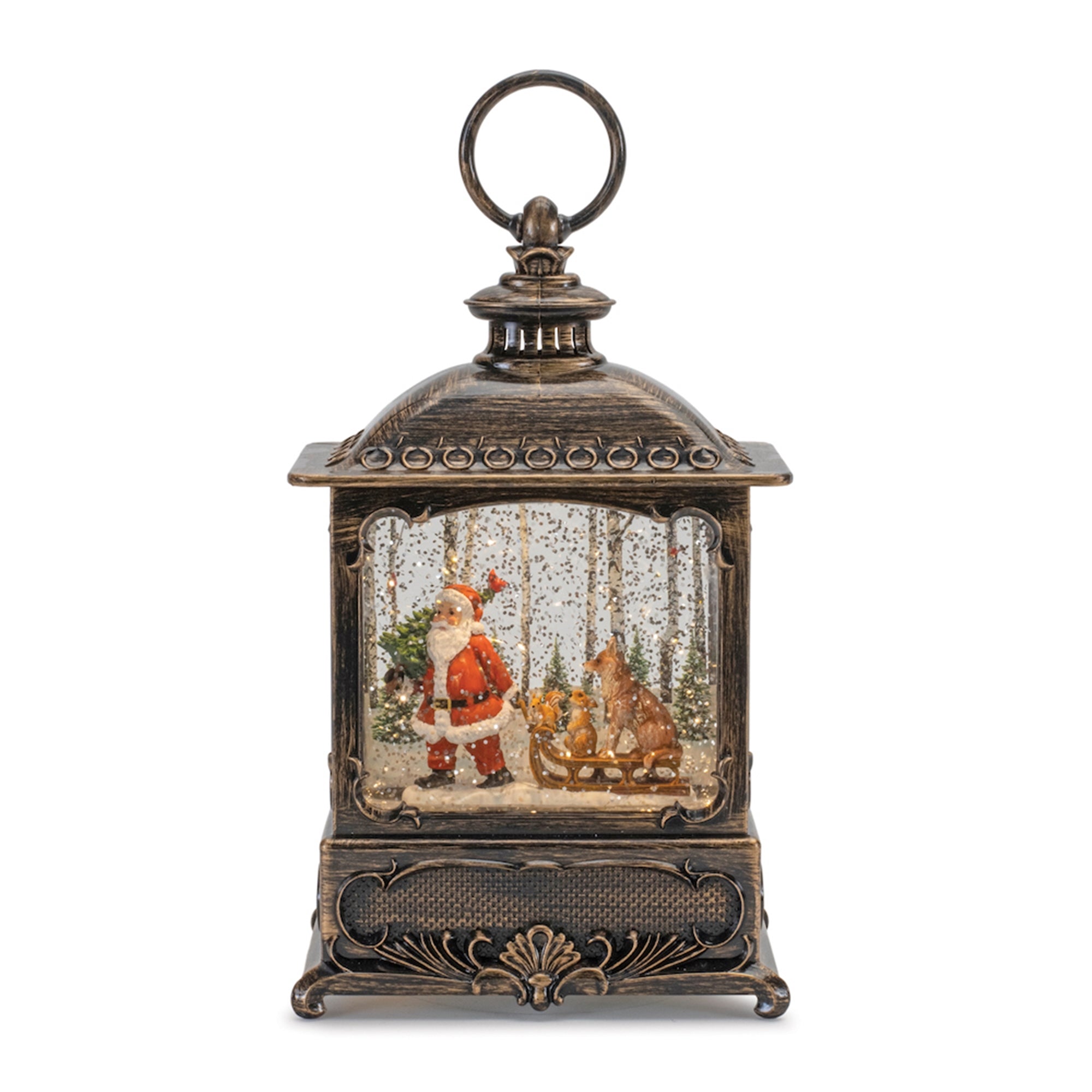 LED Snow Globe w/Santa and Animals 9”H  6 Hr Timer 3 AA Batteries, Not Included or USB Cord I
