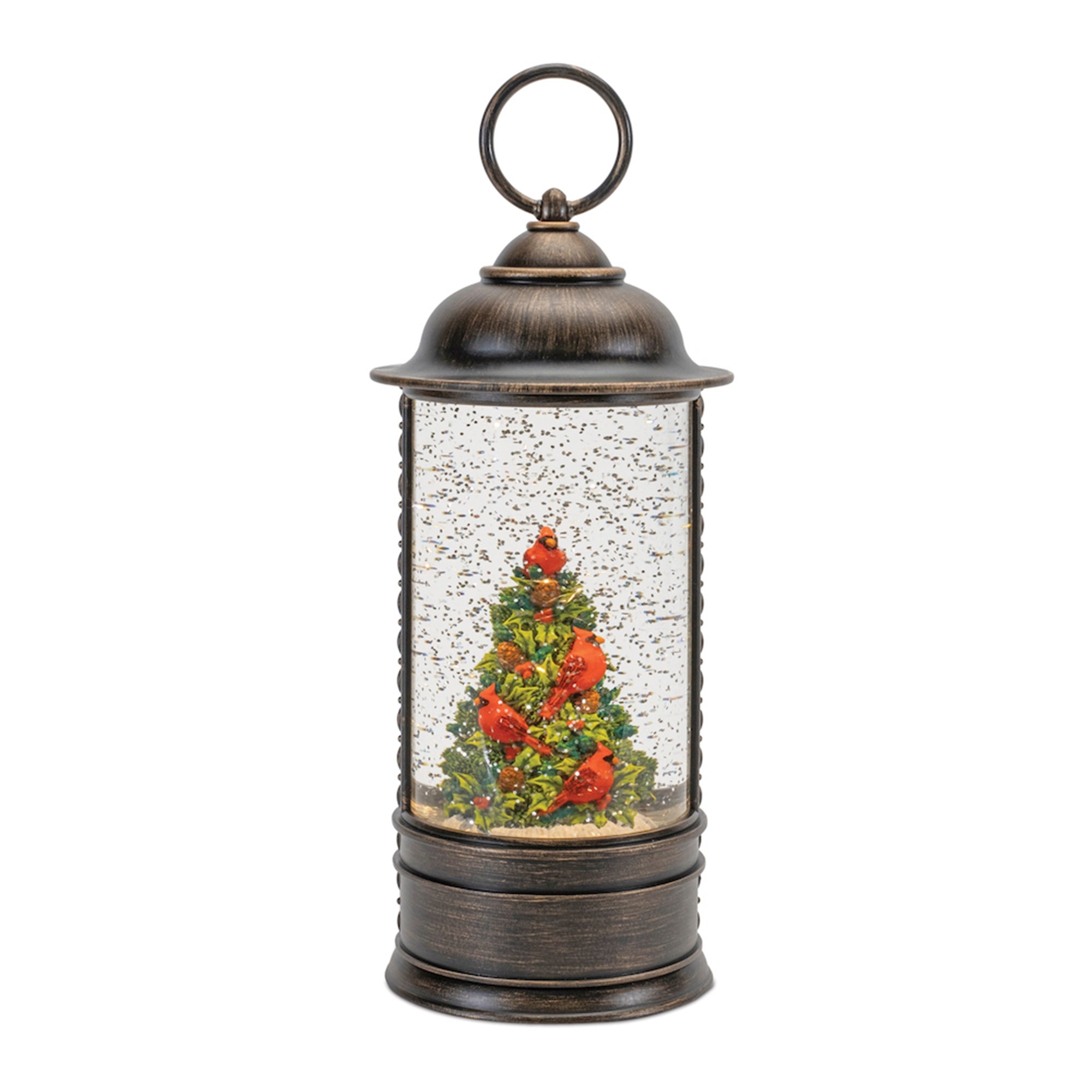 LED Snow Globe w/Cardinals and Holly Tree 9.75”H  6 Hr Timer 3 AA Batteries, Not Included or
