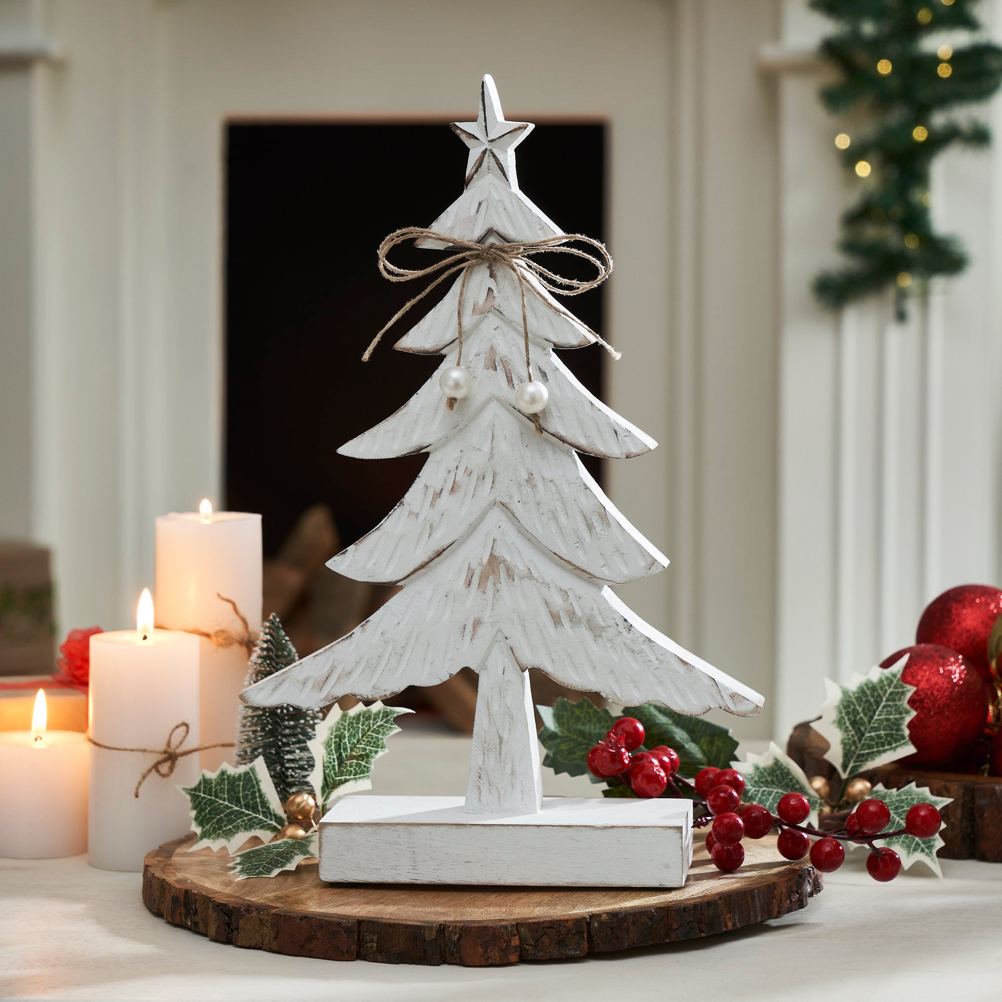 Festive Fir Distressed White Wooden Tree Large