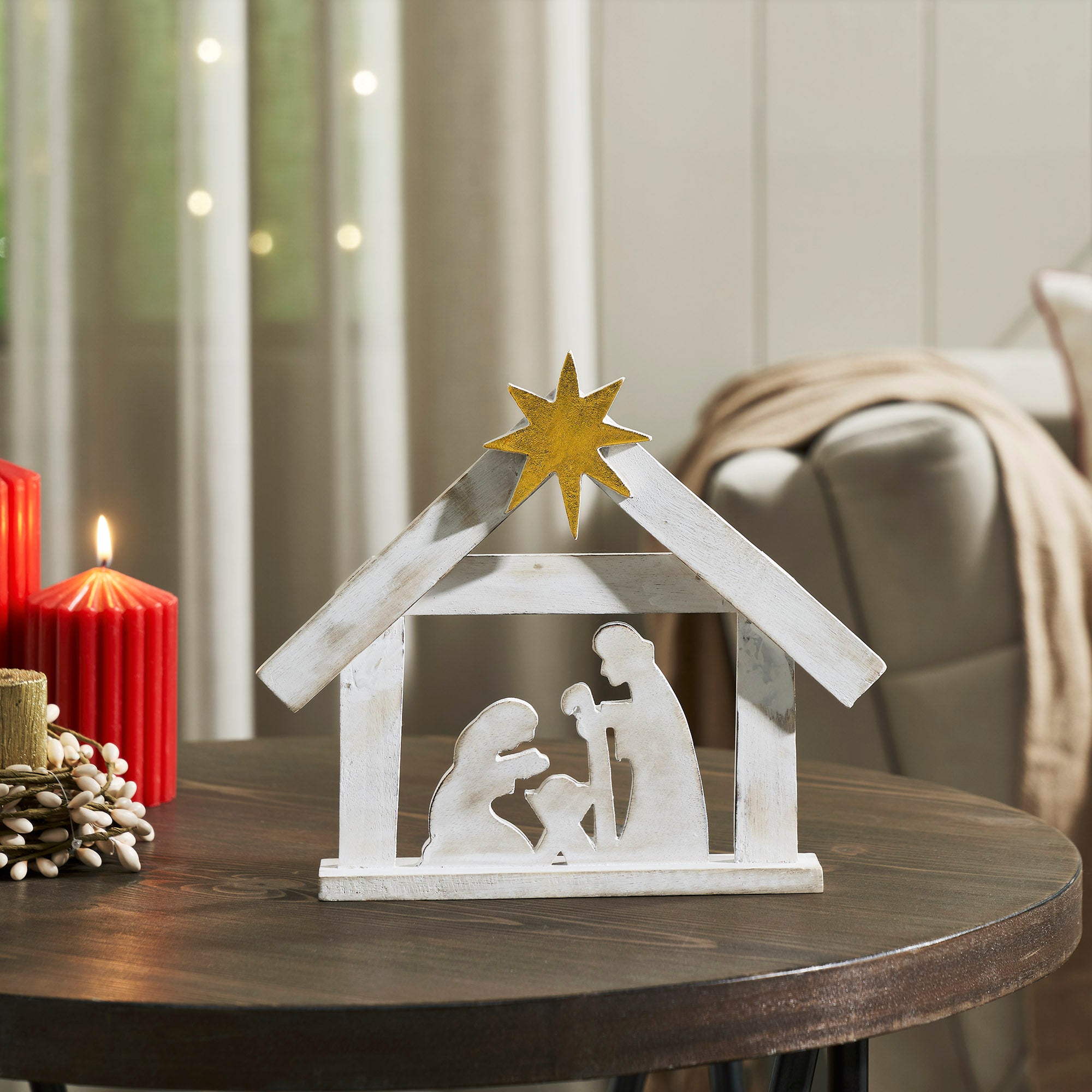 A Savior is Born Distressed White Wooden Nativity Scene 8.5x10x1.5