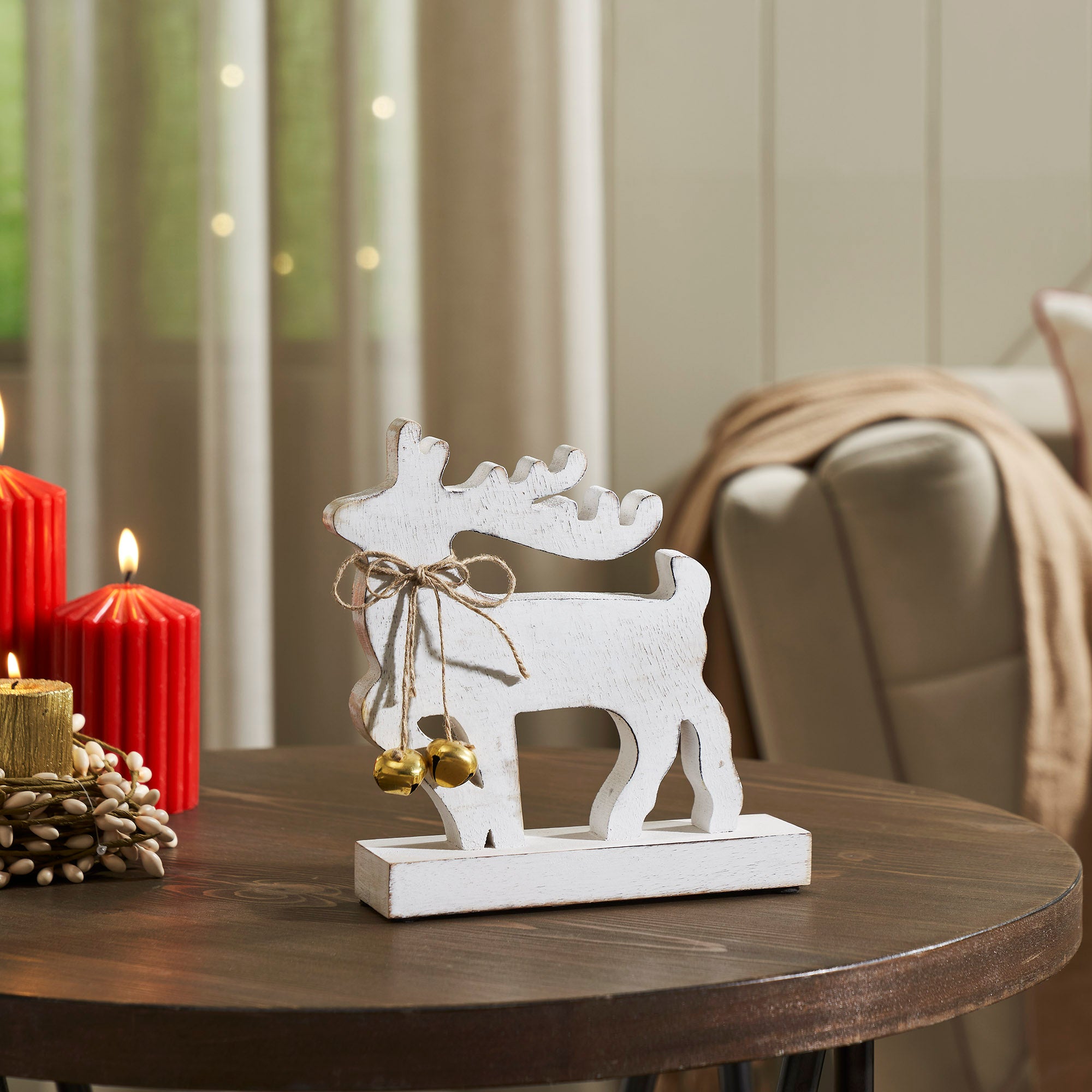 Winter Walk Distressed White Wooden Reindeer Small 8x7x2.5