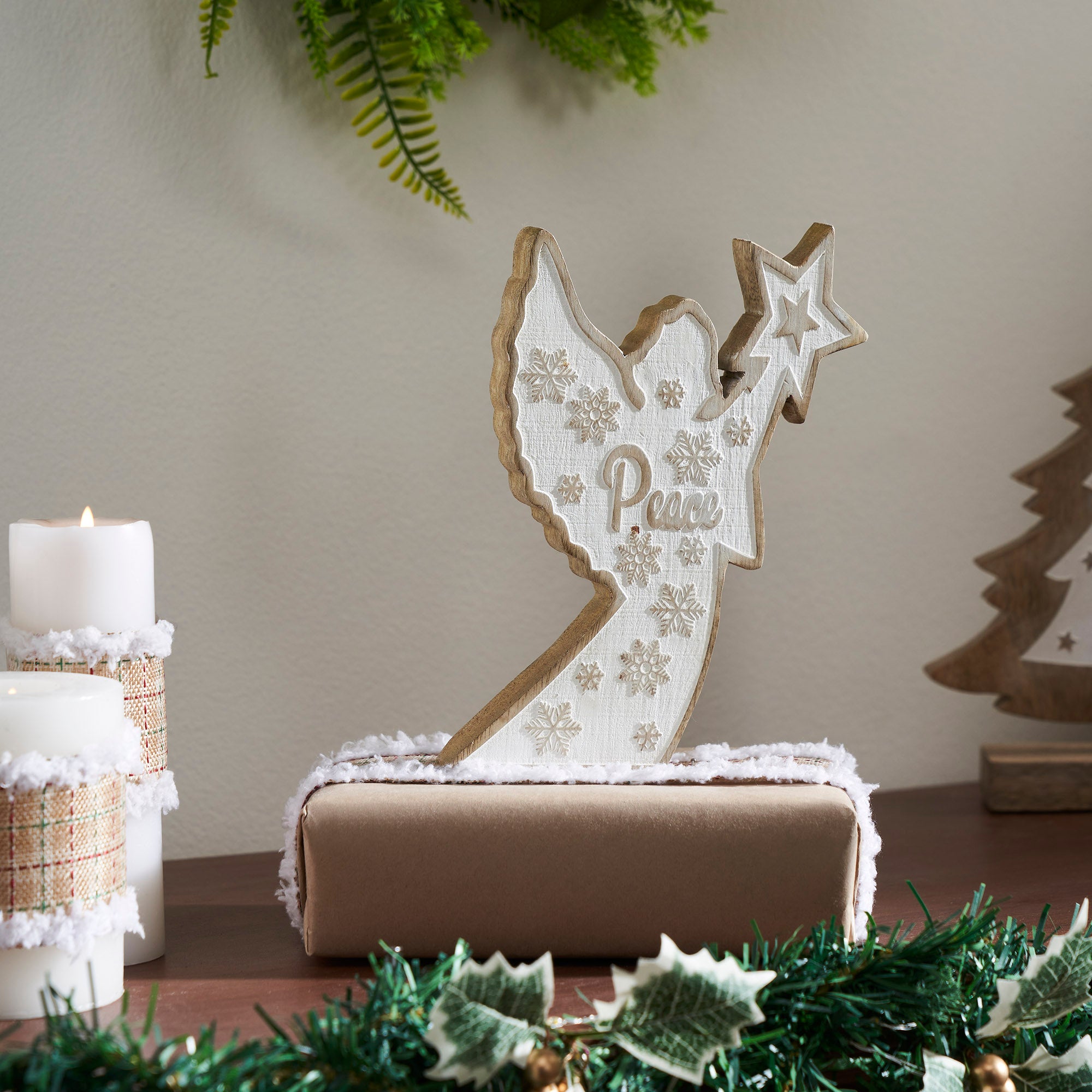 White Washed Peace Natural Wooden Angel