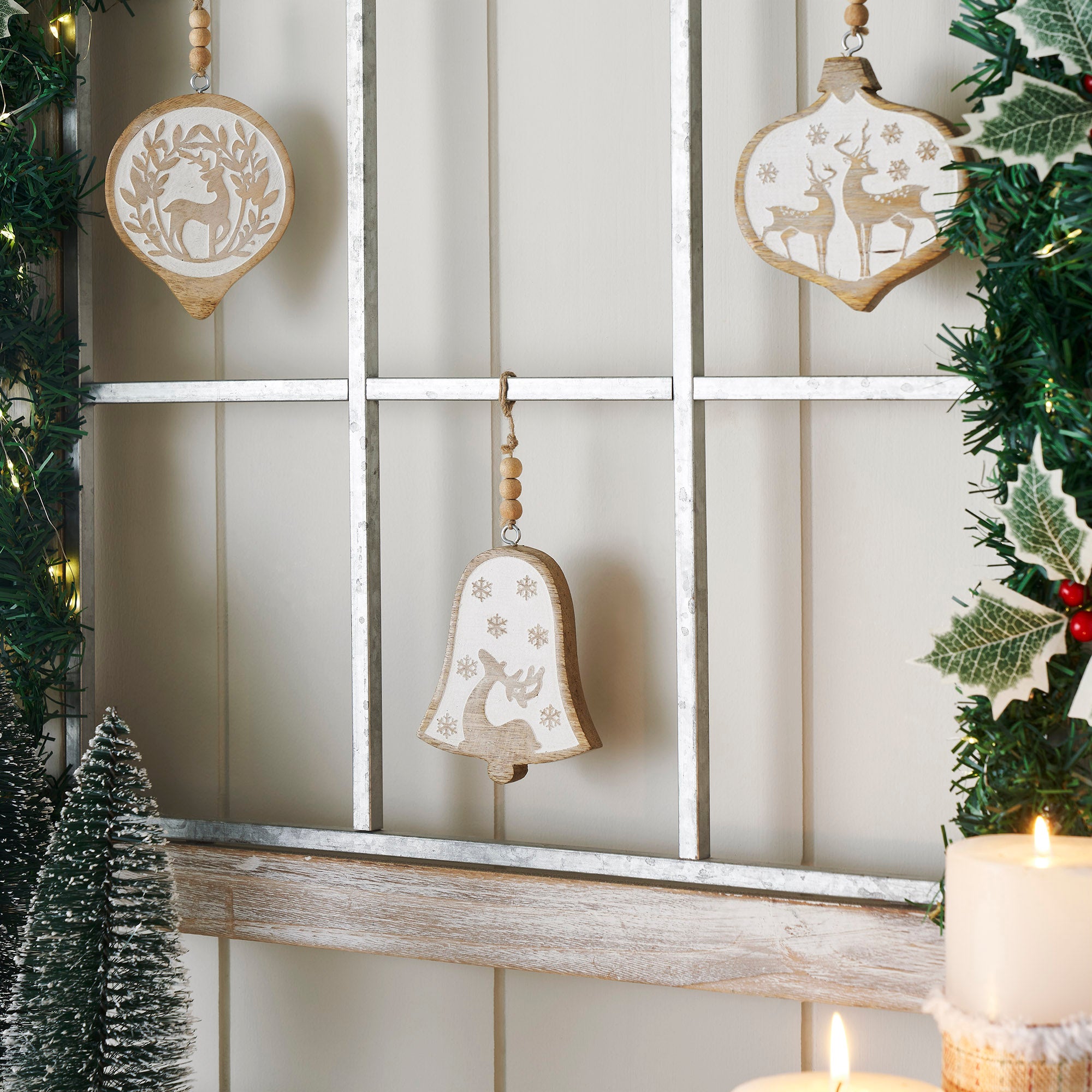 White Washed Winter Forest Natural Wooden Ornament Set of 3