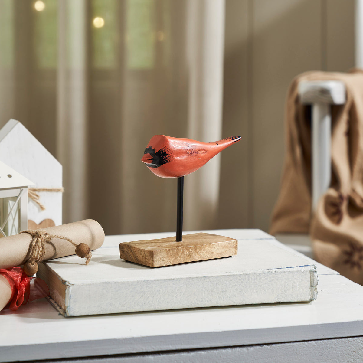 In Flight Natural Wooden Cardinal on Metal Stand