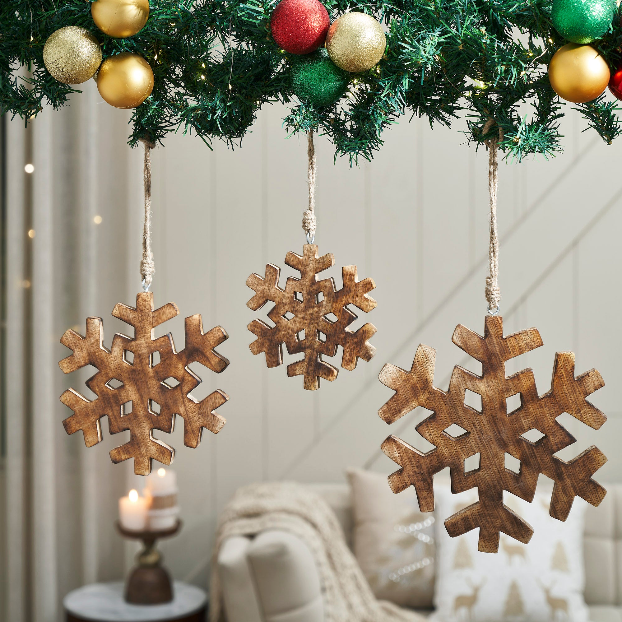 Distressed Dark Wooden Snowflake Ornament Set of 3- 5.75/7.75/