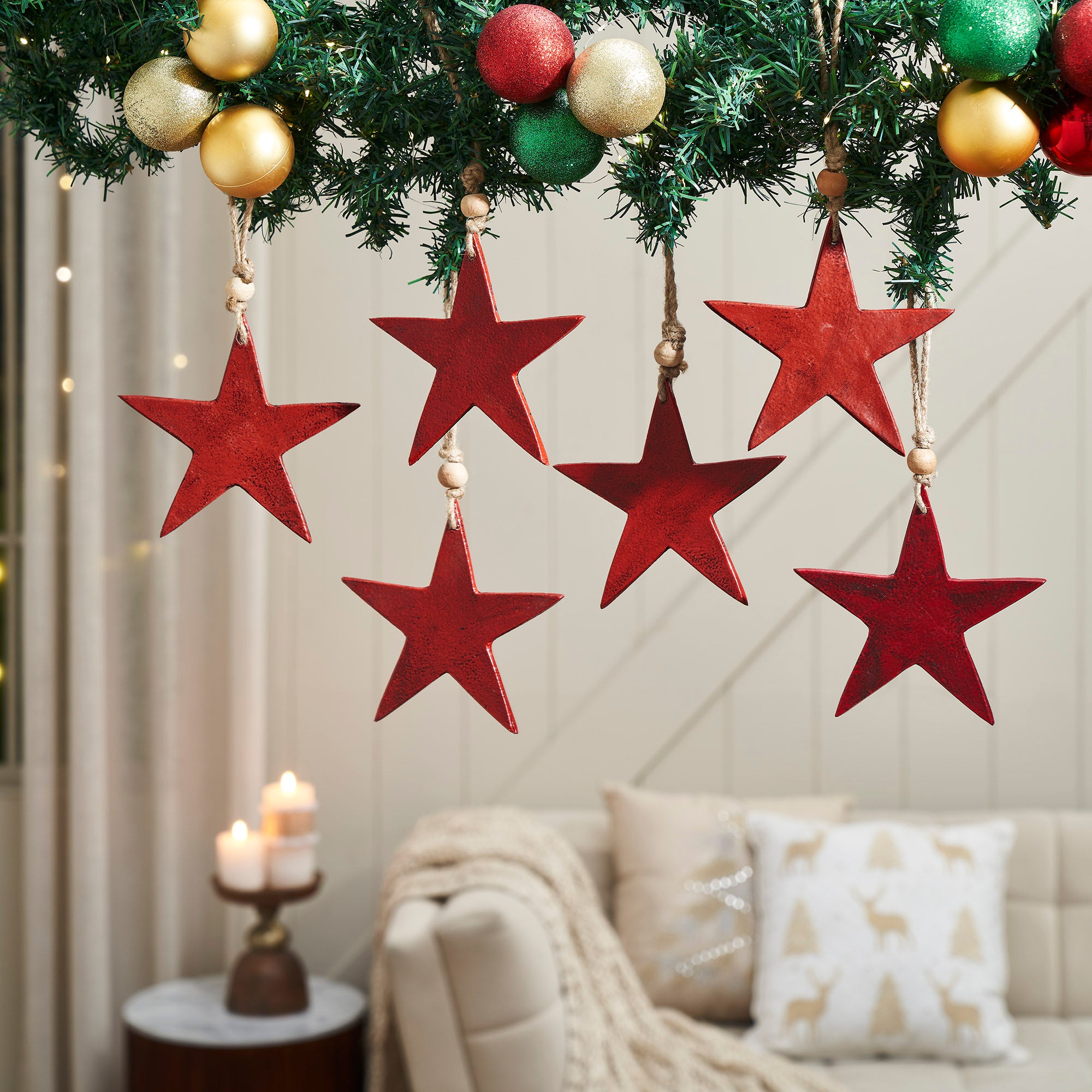 Antique Red Metal Star Ornament Set of 6