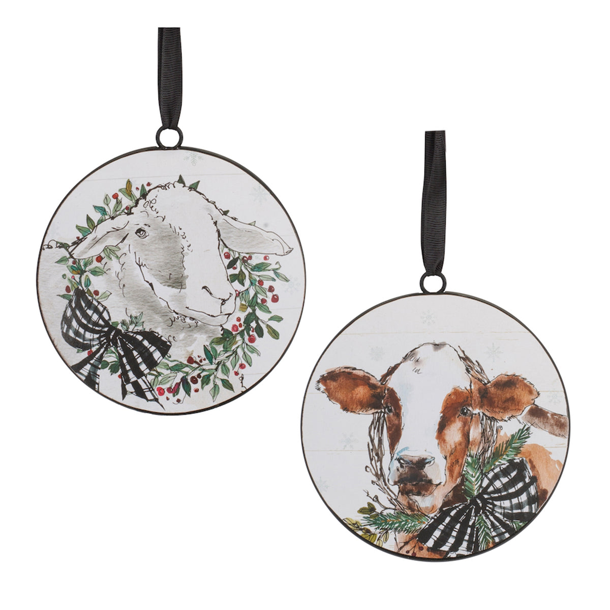 Holiday Cow and Sheep Disc Ornament (S/2)