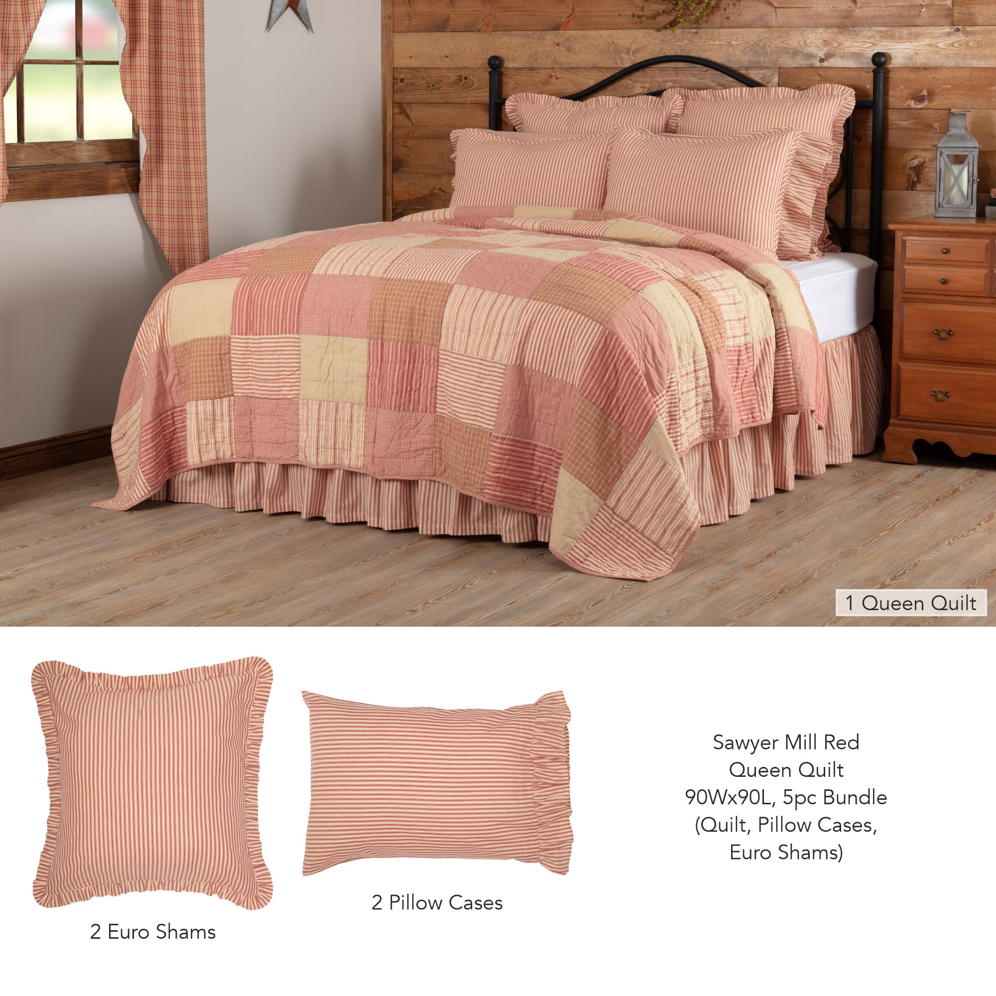 Sawyer Mill Red Queen Quilt 90Wx90L 5pc Bundle (Quilt, Pillow Cases, Euro Shams)