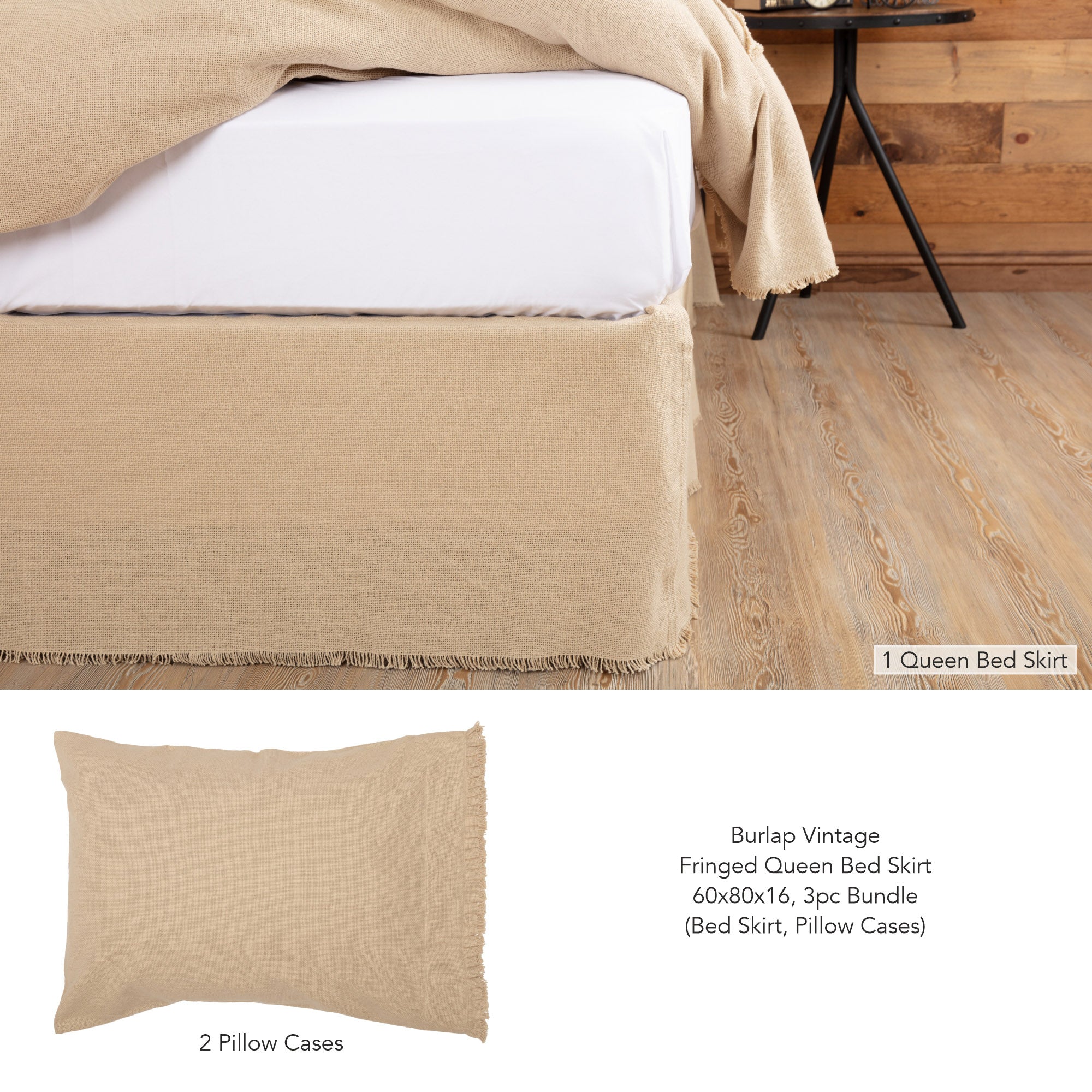 Burlap Vintage Fringed Queen Bed Skirt 60x80x16 3pc Bundle (Bed Skirt, Pillow Cases)