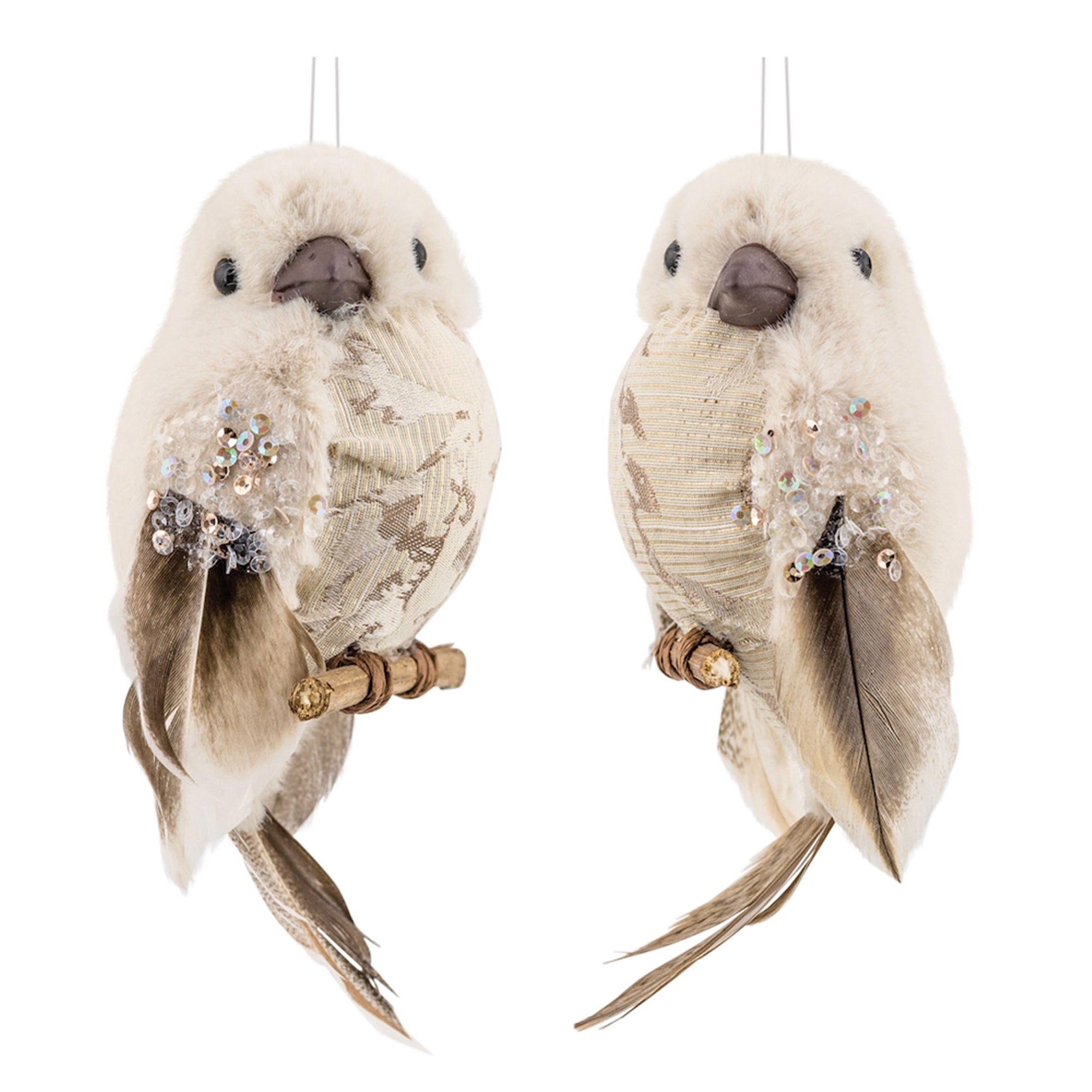 Bird Ornament (2 Asst) 5”H Foam/Feather/Faux Fur