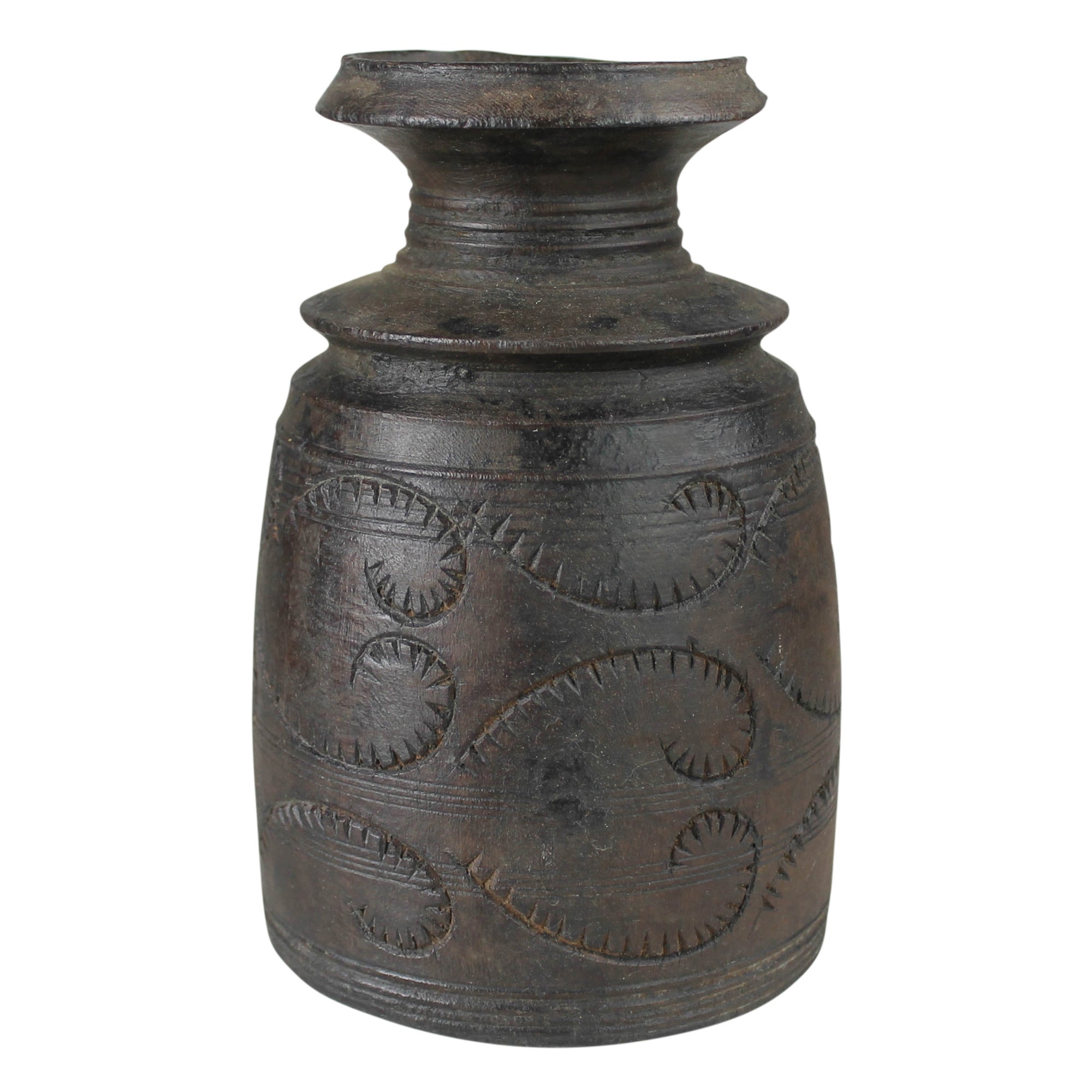 Carved Wood Pot, Dark - Sm