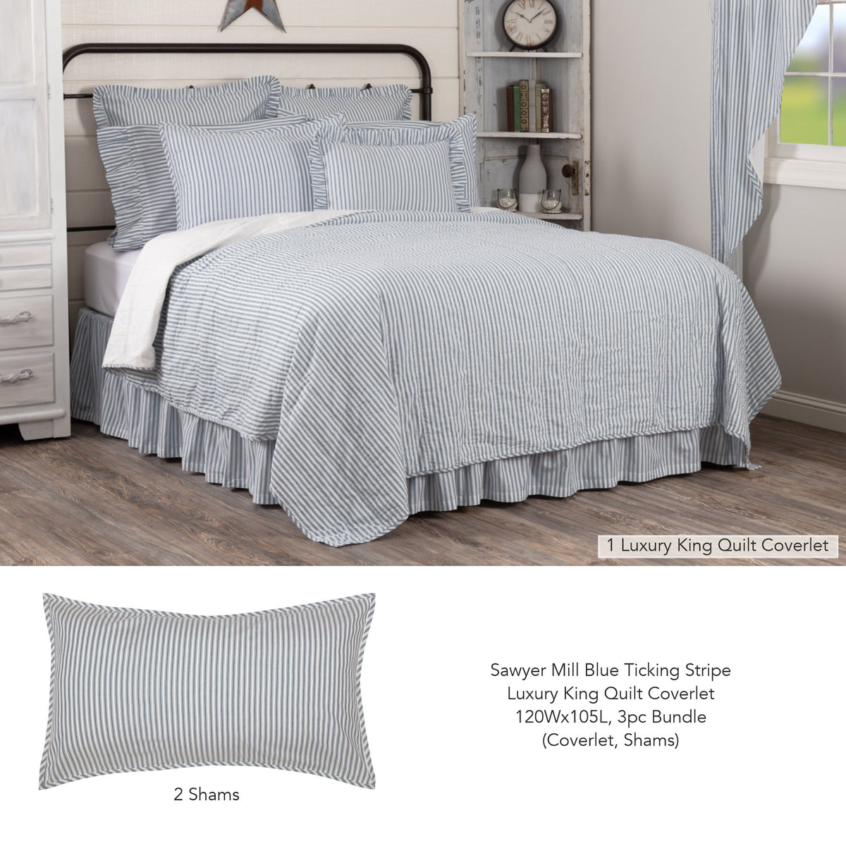 Sawyer Mill Blue Ticking Stripe Luxury King Quilt Coverlet 120Wx105L 3pc Bundle (Coverlet, Shams)