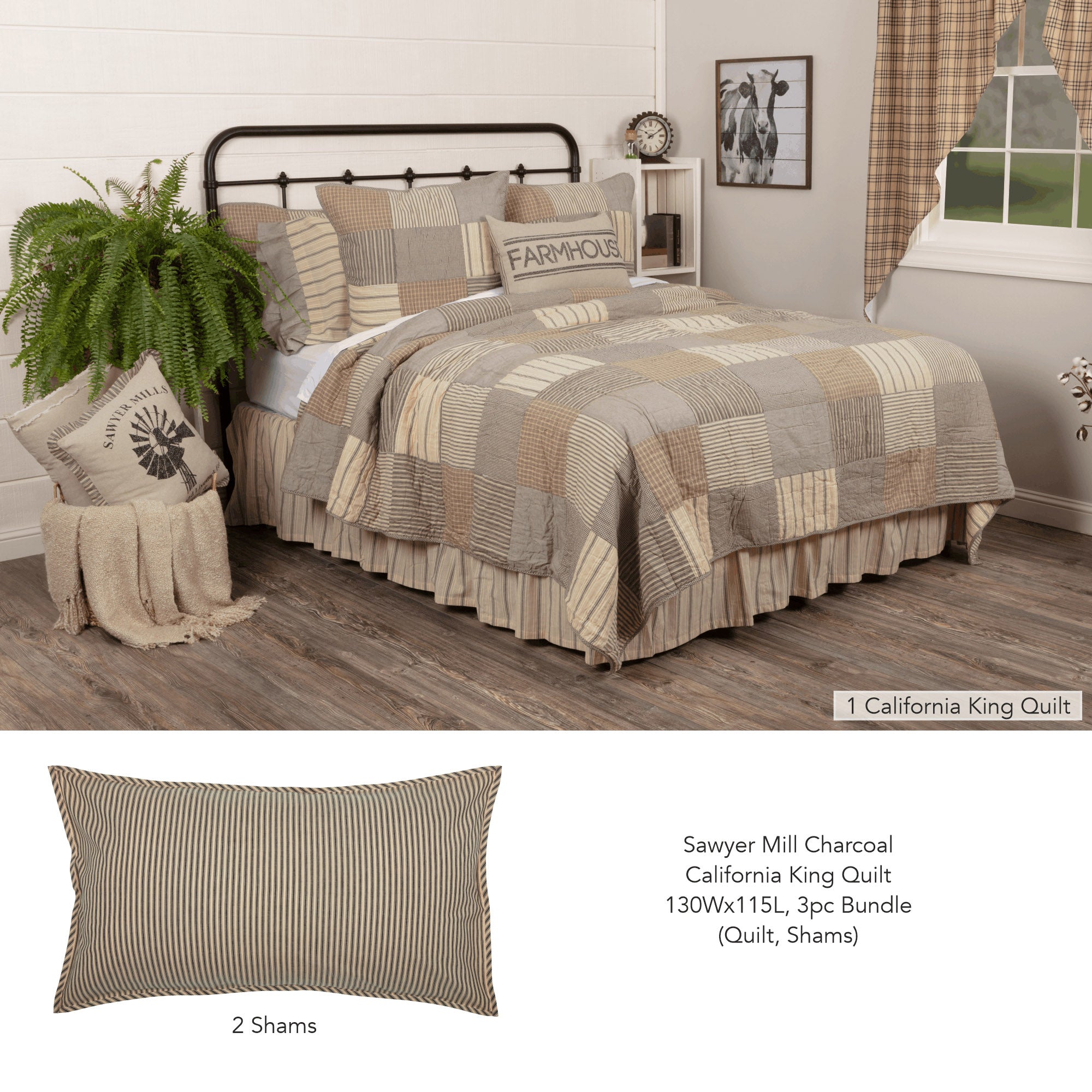 Sawyer Mill Charcoal California King Quilt 130Wx115L 3pc Bundle (Quilt, Shams)