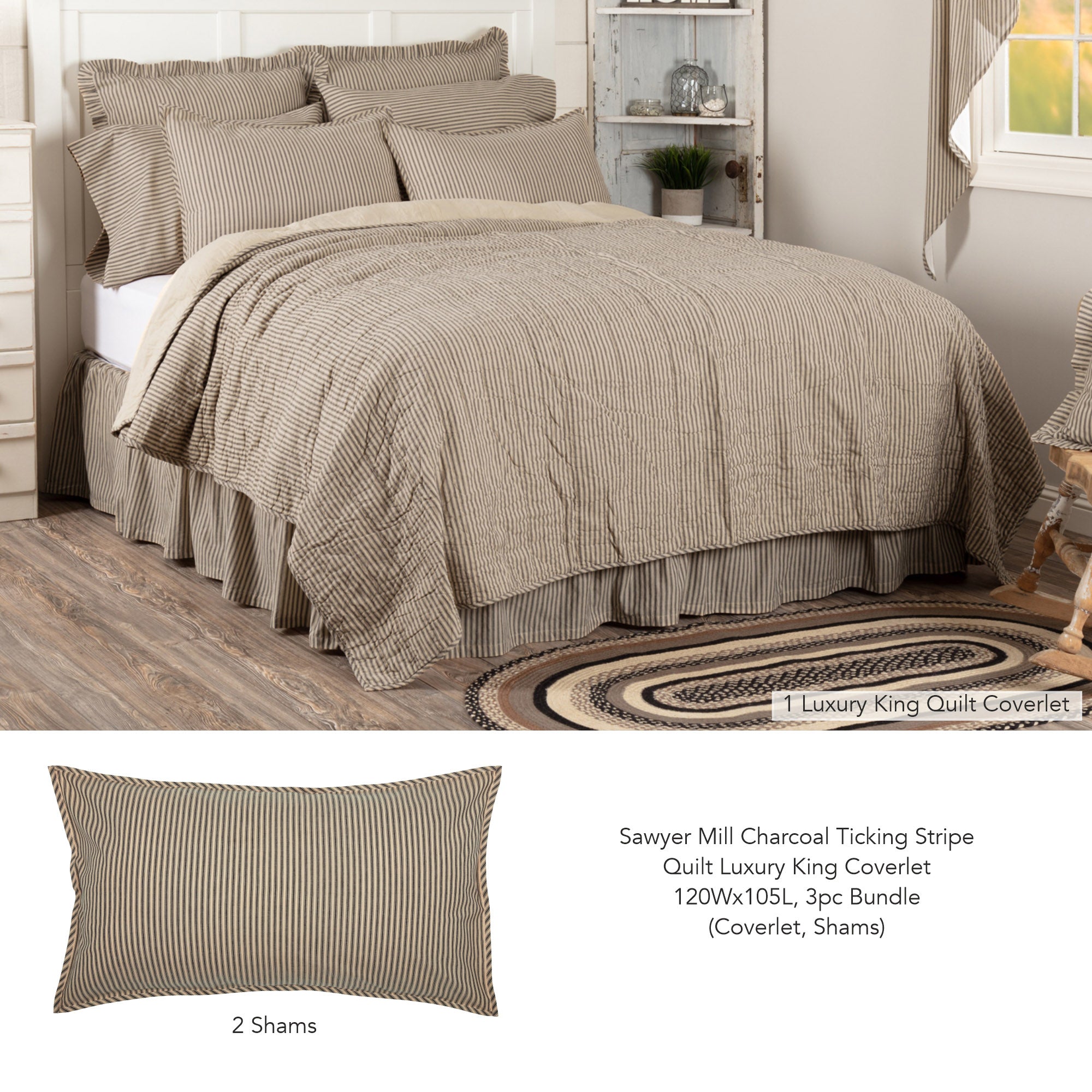 Sawyer Mill Charcoal Ticking Stripe Quilt Luxury King Coverlet 120Wx105L 3pc Bundle (Coverlet, Shams)