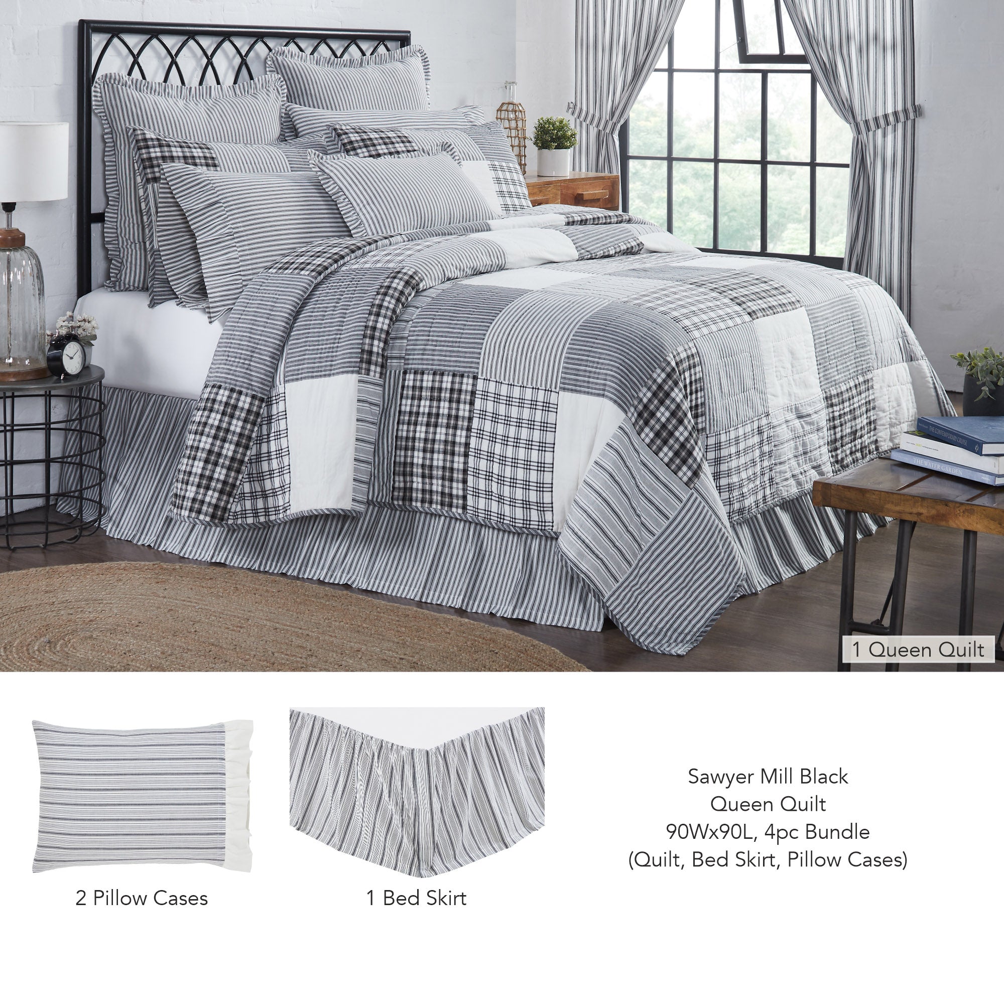 Sawyer Mill Black Queen Quilt 90Wx90L 4pc Bundle (Quilt, Bed Skirt, Pillow Cases)