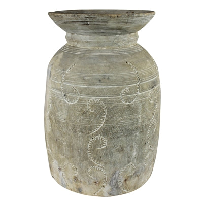 Carved Wood Pot, Whitewash - Lrg