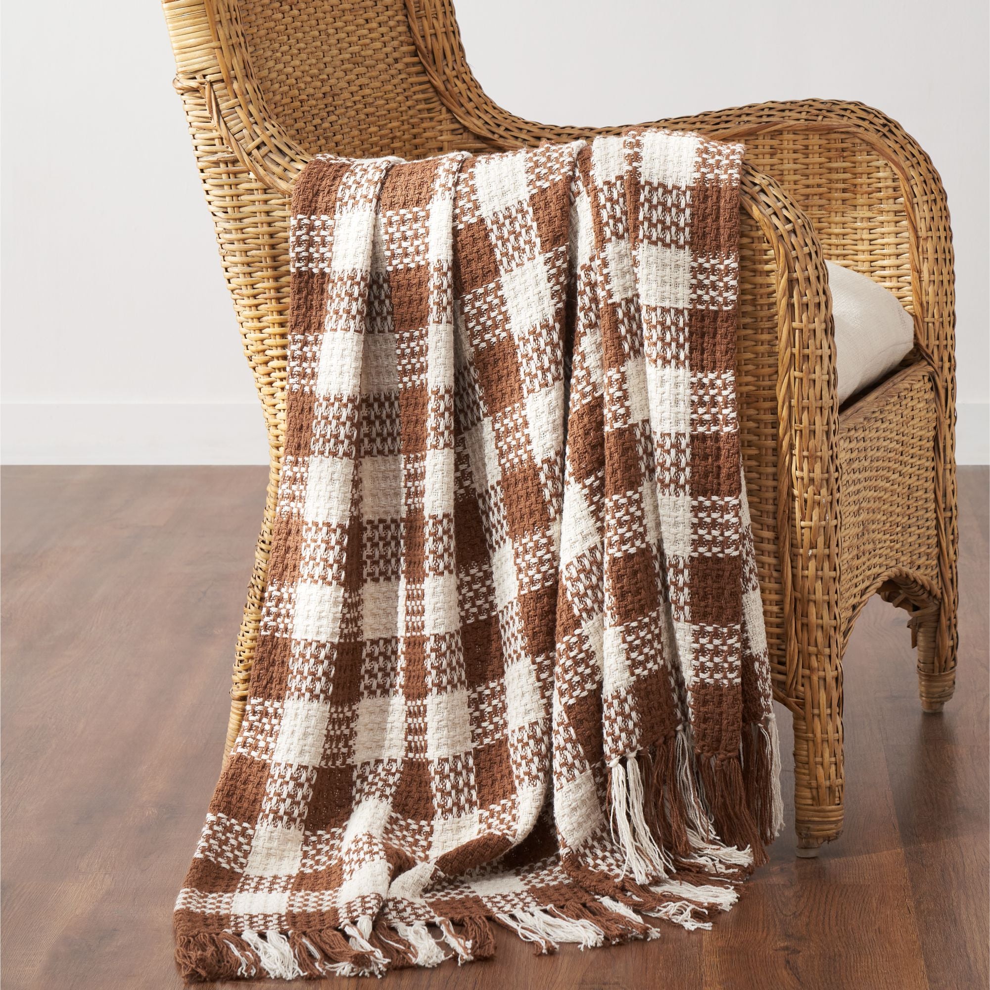 Dark Amber Woven Check Throw Blanket with Fringe