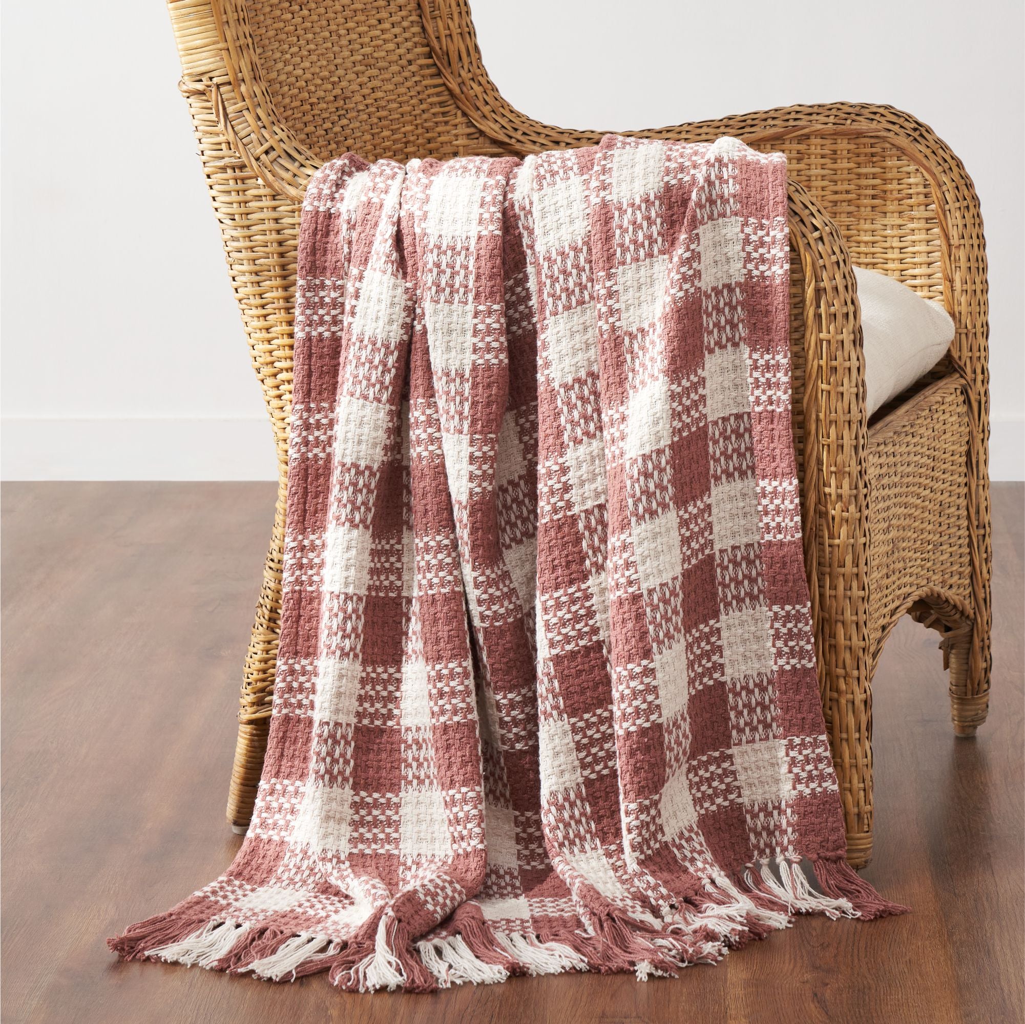 Dusty Rose Woven Check Throw Blanket with Fringe