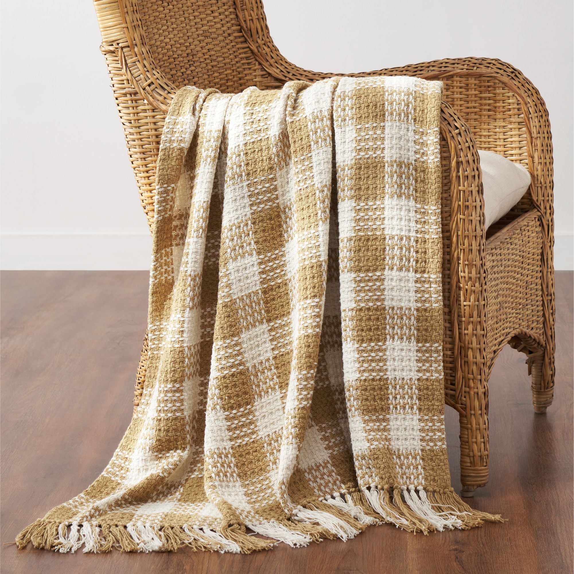 Golden Wheat Woven Check Throw Blanket with Fringe