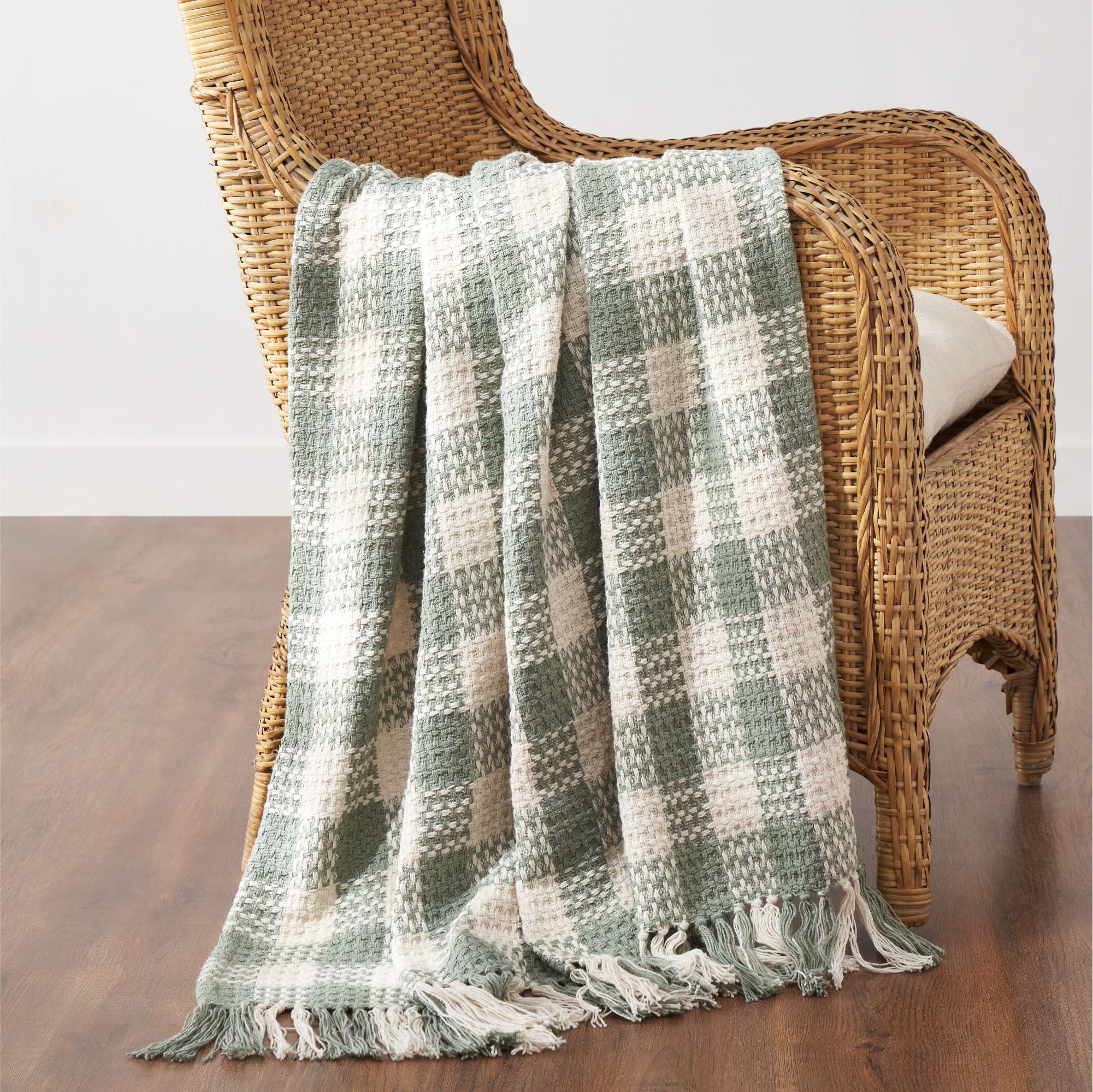 Pistachio Woven Check Throw Blanket with Fringe