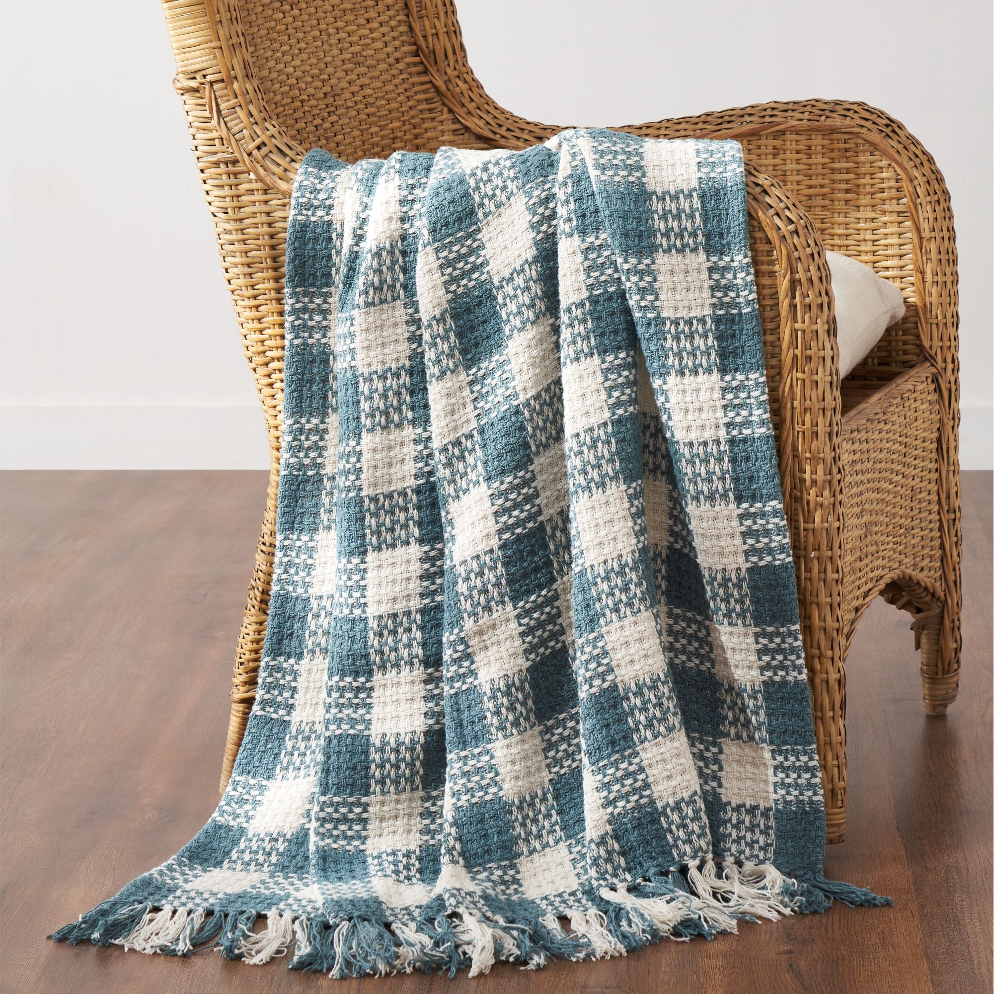 River Blue Woven Check Throw Blanket with Fringe