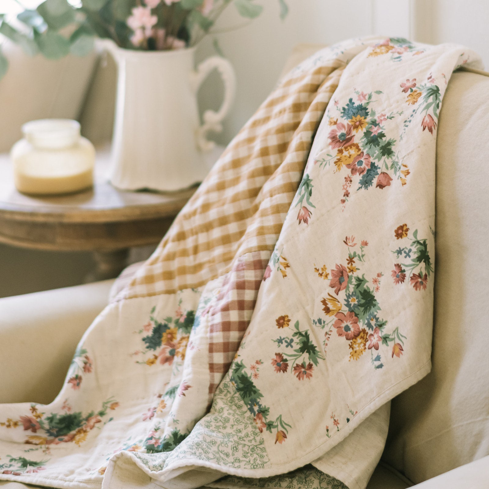 Rosehill Cottage Floral Patchwork Cotton Throw - 50x60 Dusty Rose & Natural Lightweight Summer Quilt