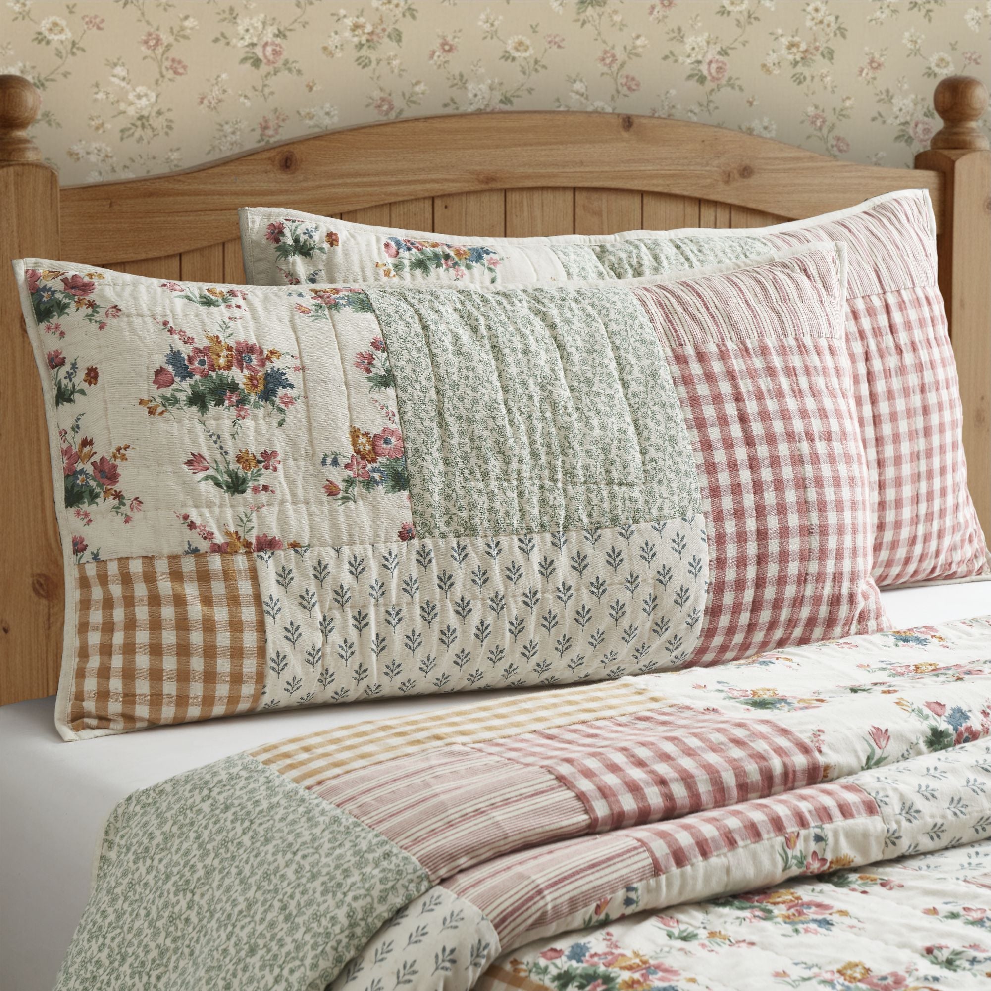 Rosehill Cottage Floral Patch Cotton King Sham- Dusty Rose & Natural Vintage Patchwork Pillow Cover