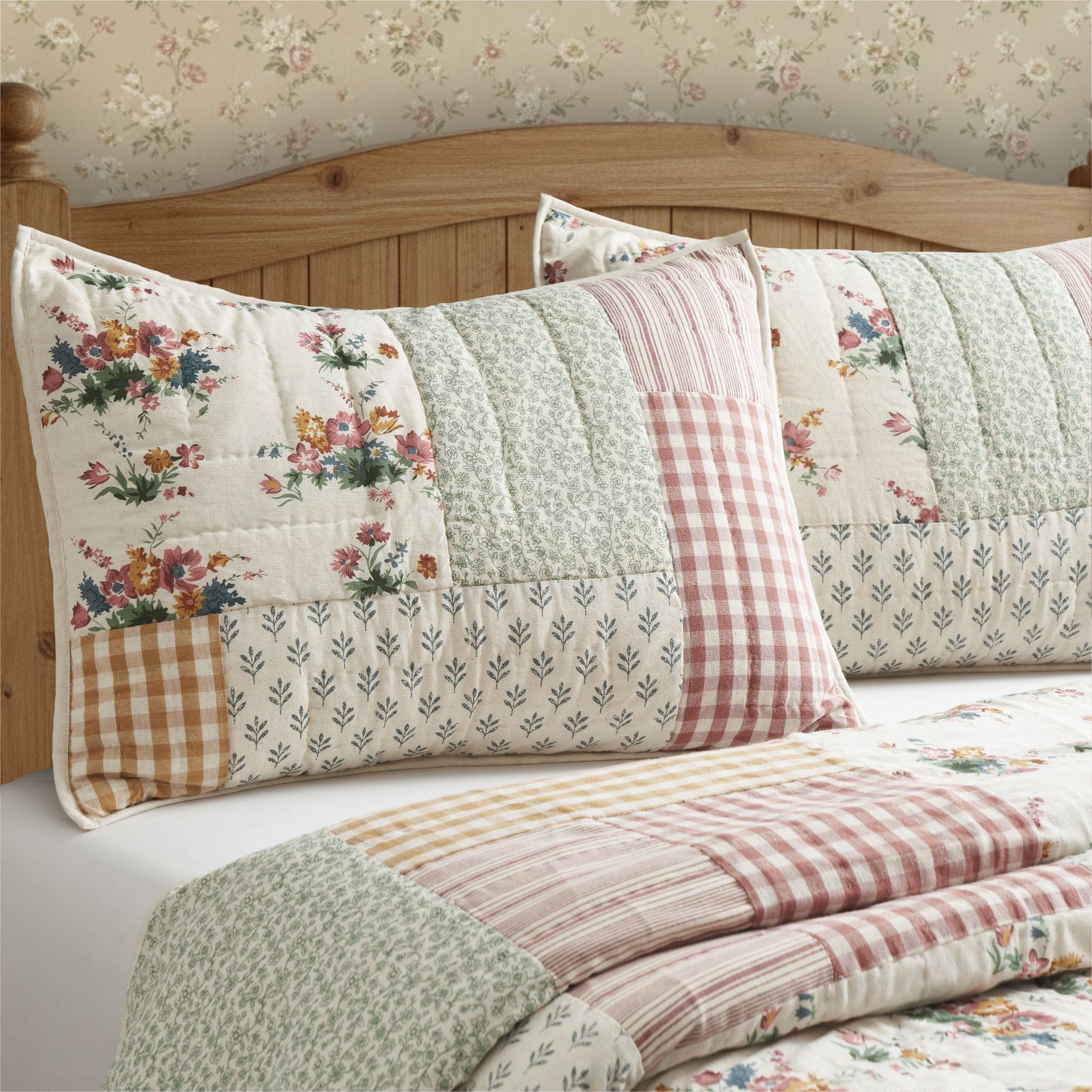 Rosehill Cottage Floral Patch Cotton Standard Sham- Dusty Rose & Natural Vintage Patchwork Pillow Cover