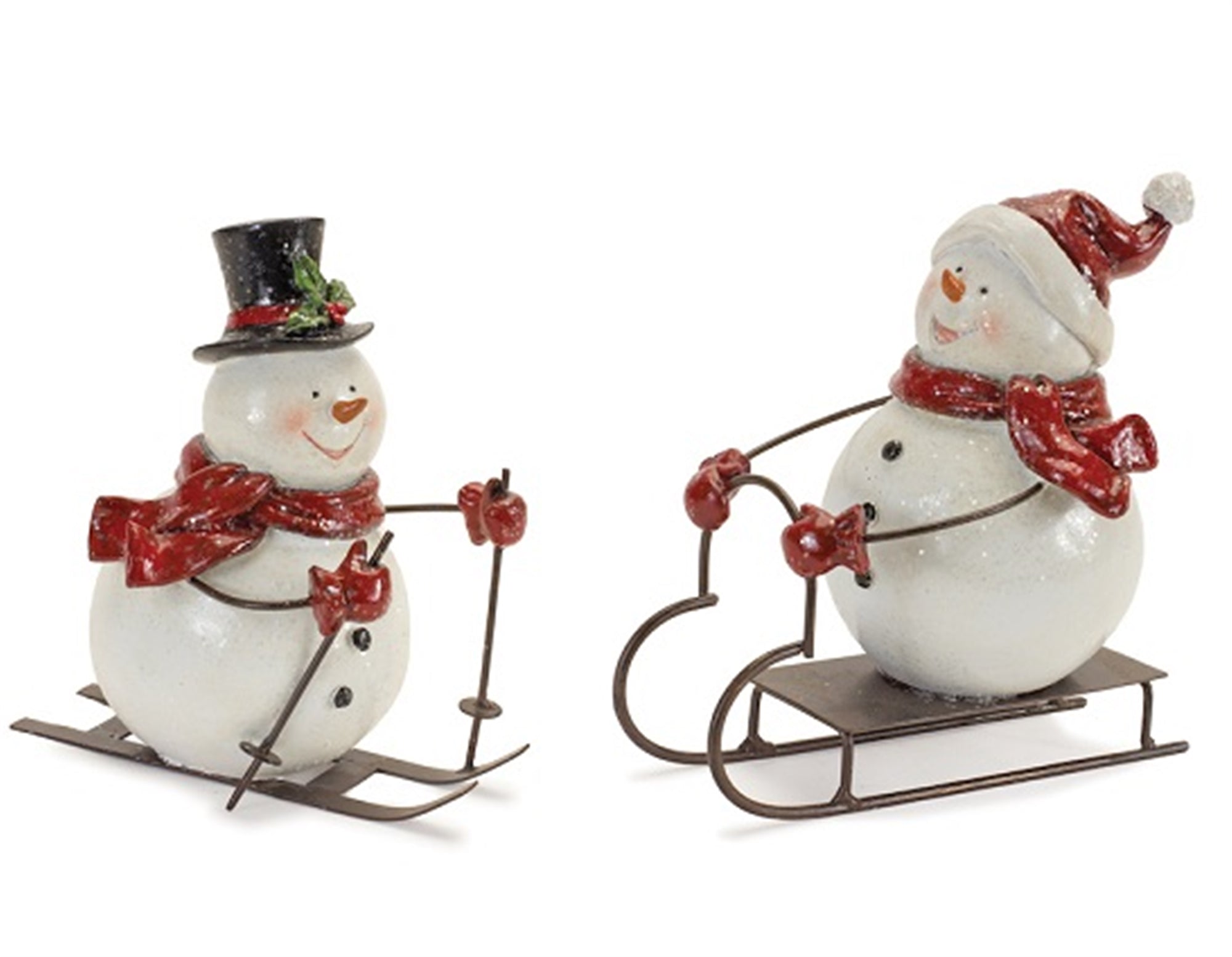 Snowman on Skis and Sled (2 Asst) 6"H, 6.5"H Resin