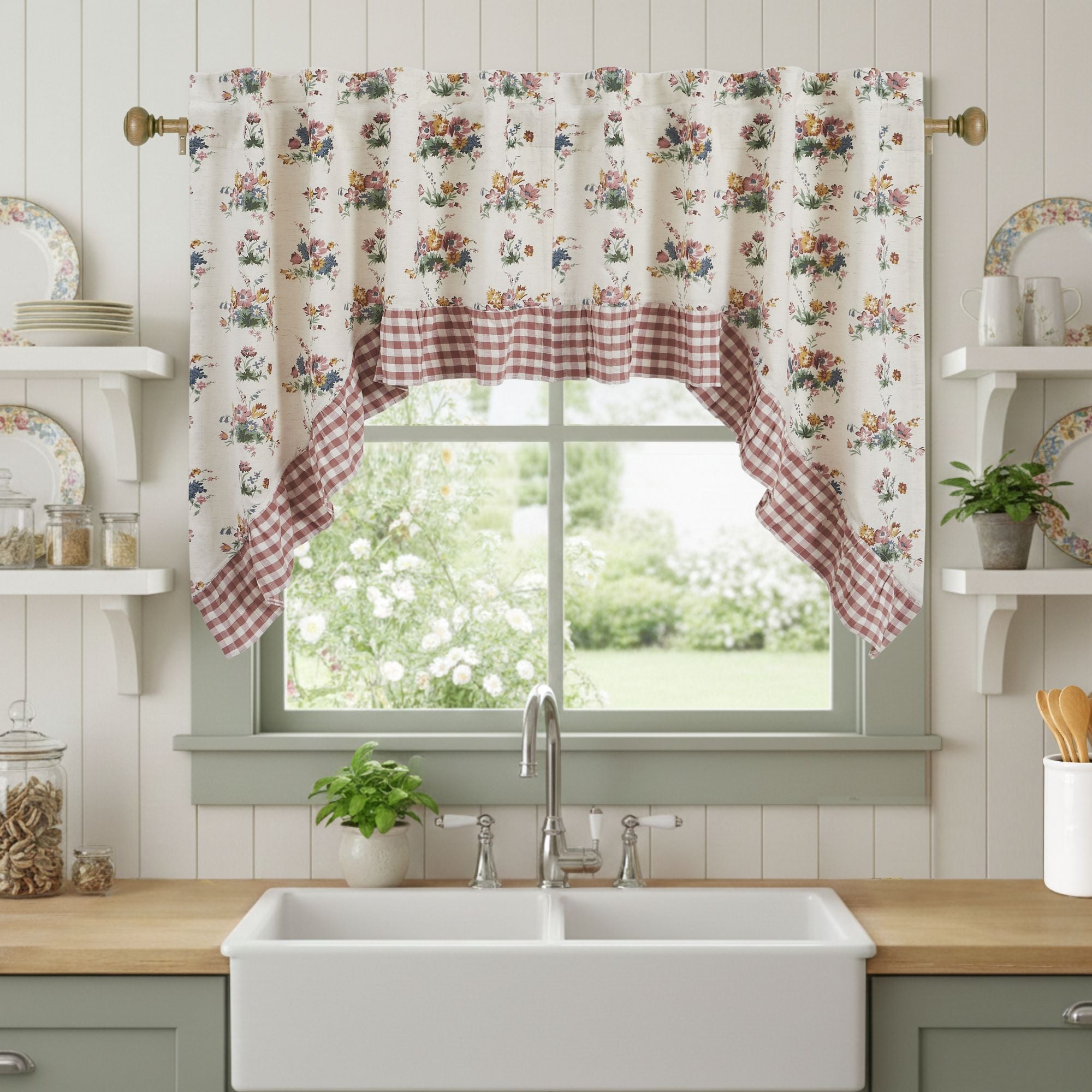 Rosehill Cottage Floral & Gingham Ruffled Cotton Swag Curtain Set - 36x36x16 Dusty Rose & Natural Window Drapes