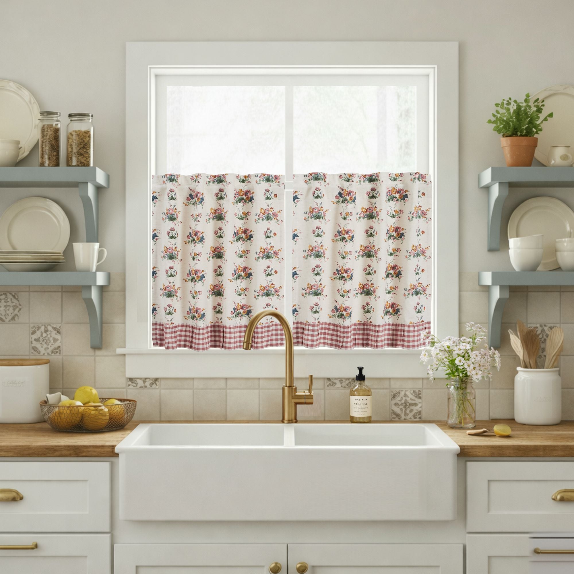 Rosehill Cottage Floral & Gingham Ruffled Cotton Tier Set- Dusty Rose & Natural Cafe Curtain