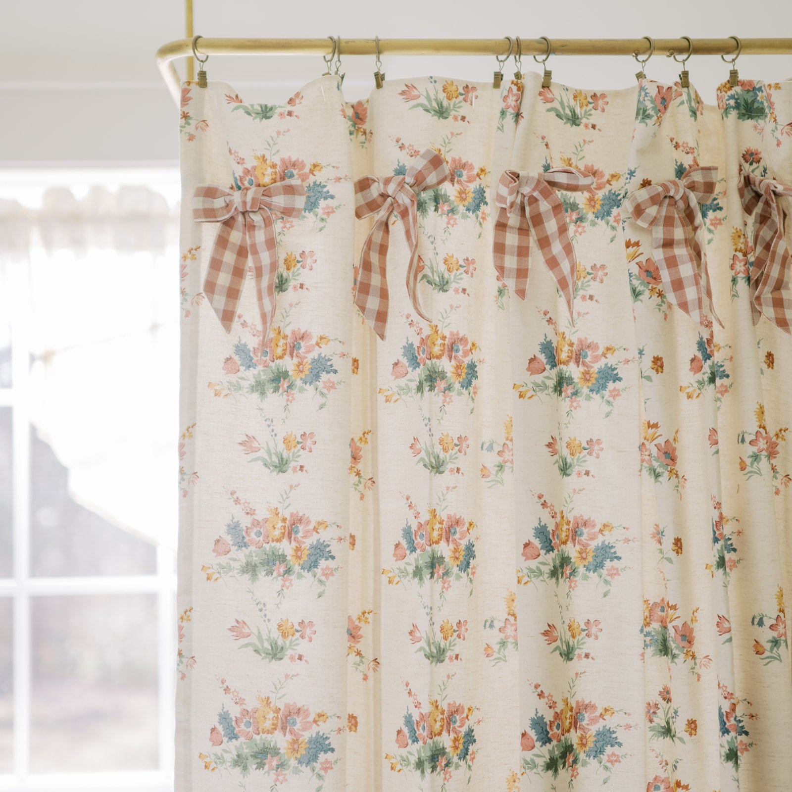 Rosehill Cottage Floral & Gingham Ruffled Cotton Shower Curtain- Dusty Rose & Natural Bathroom Decor