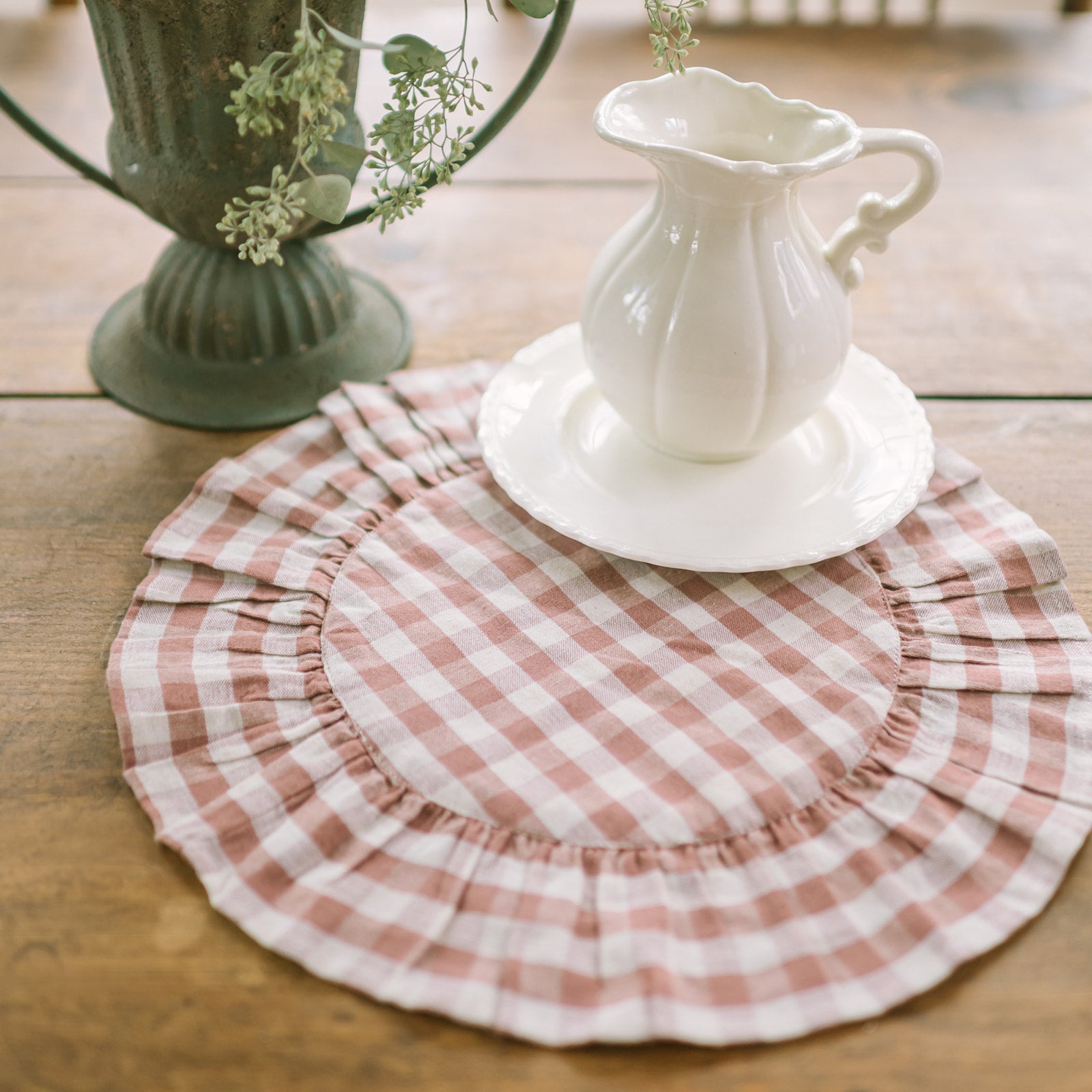 Rosehill Cottage Dusty Rose Gingham Round Ruffled Cotton Placemats- Set of 6- Pink & Natural Table Mats