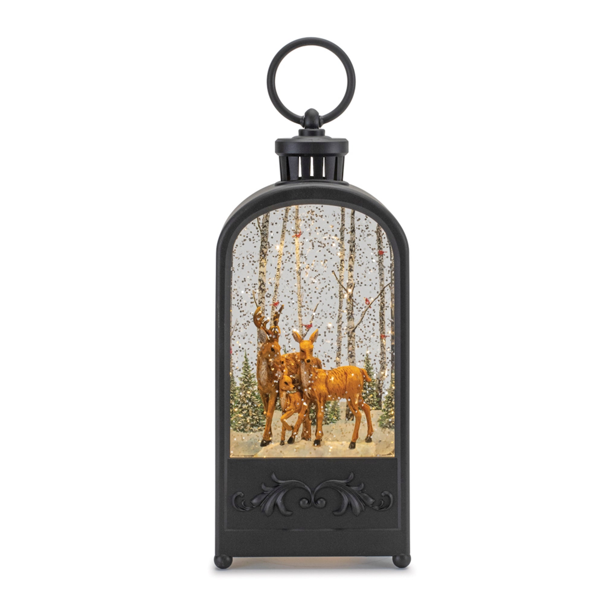 LED Snow Globe w/Deer & Trees 9.5”H  6 Hr Timer 3 AAA Batteries, Not Included or USB Cord Inc