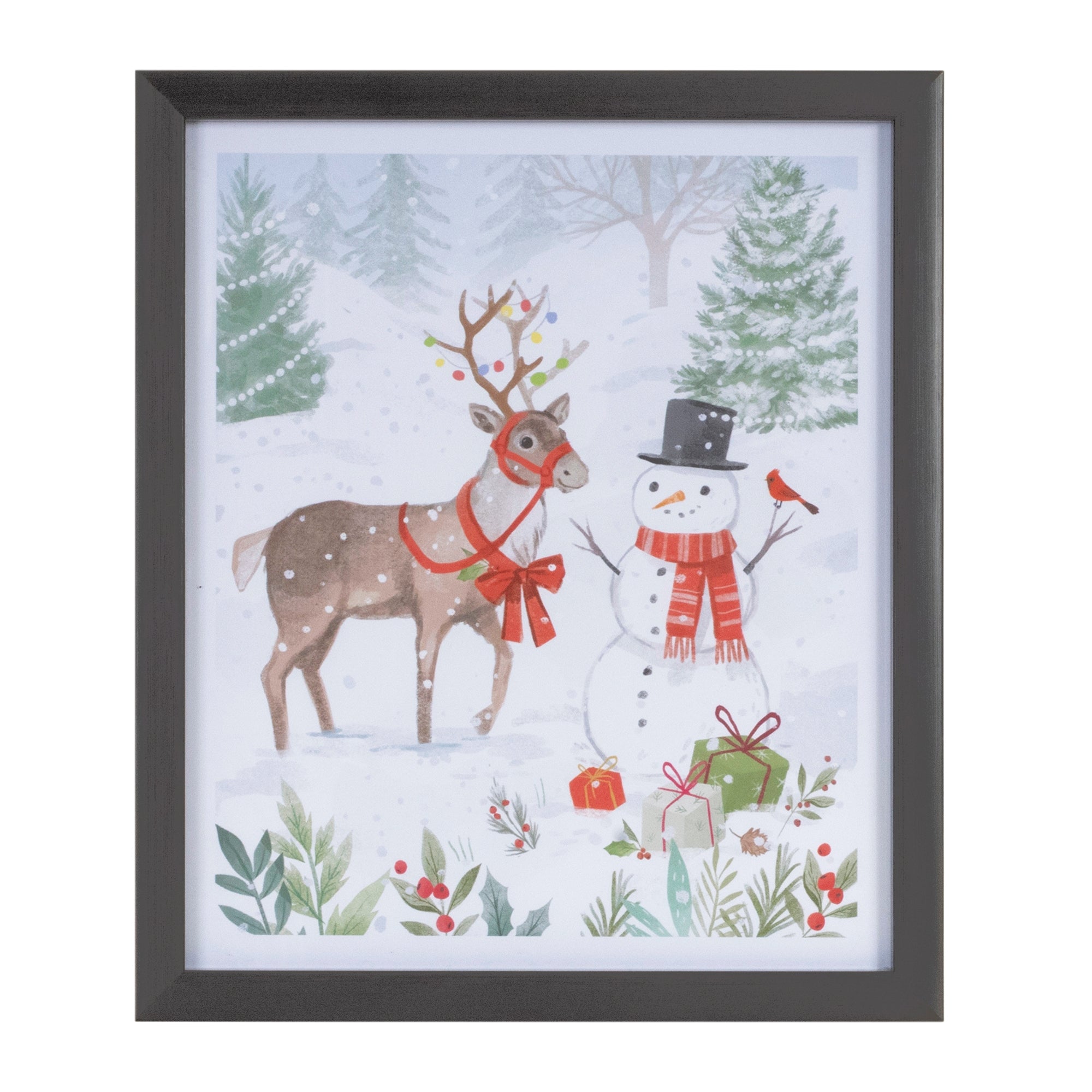 Framed Snowman and Reindeer Print 9"L x 11"H /Paper